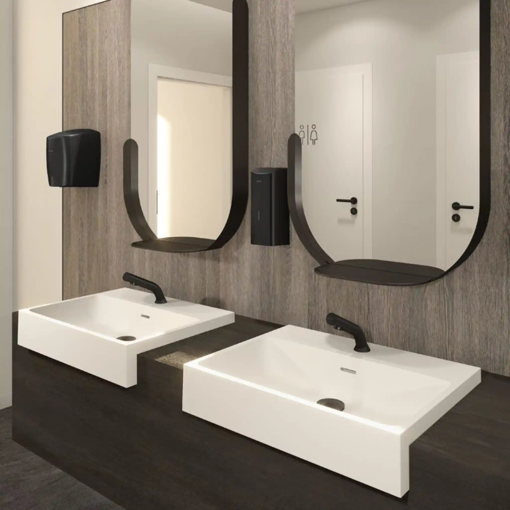 Delabie Binoptic Deck Mounted Tap Matte Black Chrome 110mm in Public Washroom