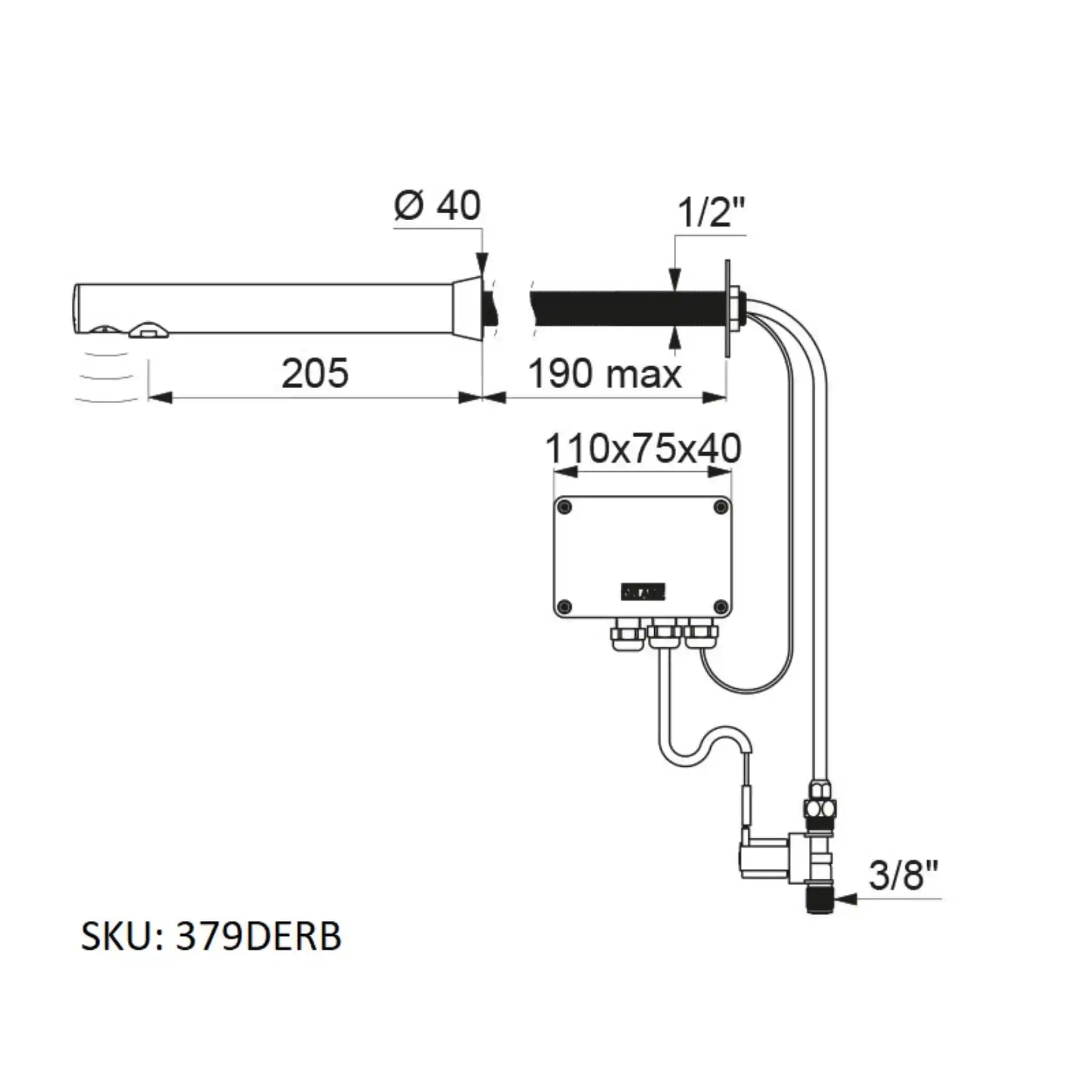 A image showing the technical drawings for the Delabie Binoptic Tap Wall Cross Wall Mains Matte Black Chrome 205mm