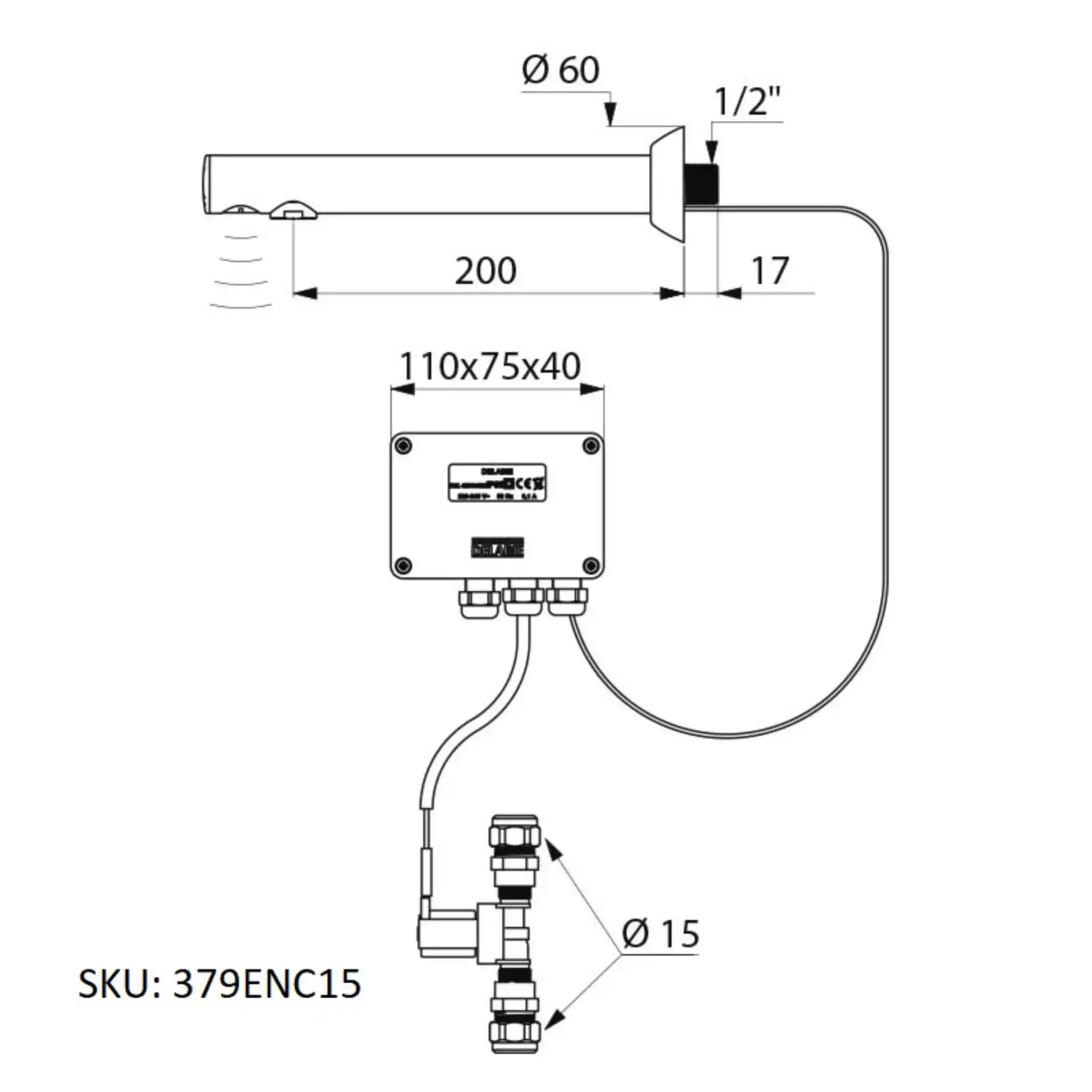 A image showing the technical drawings for the Delabie Binoptic Tap Wall Recessed Mains Chrome Plated 200mm