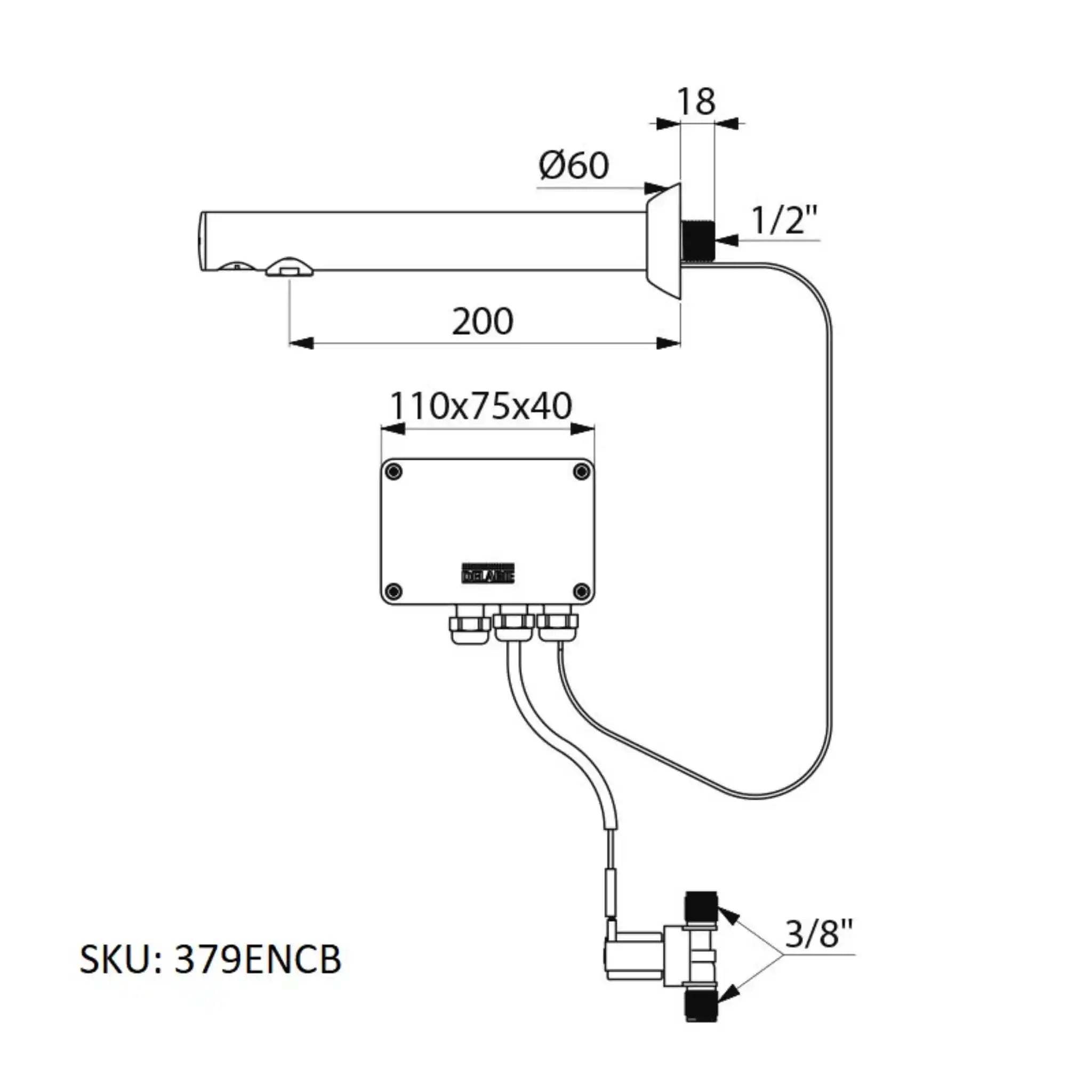 A image showing the technical drawings for the Delabie Binoptic Tap Wall Recessed Mains Matte Black Chrome 200mm
