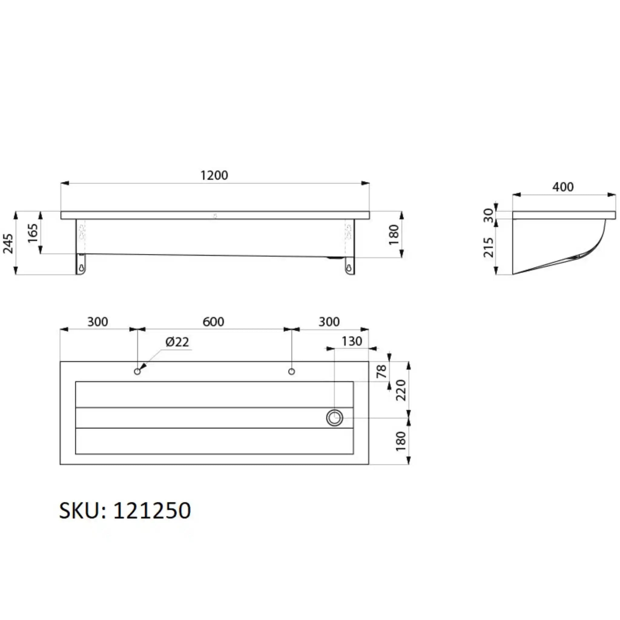 A image showing the technical drawings for the Delabie Canal Wash Trough 1200mm 22mm Tap Holes Right Waste Trap