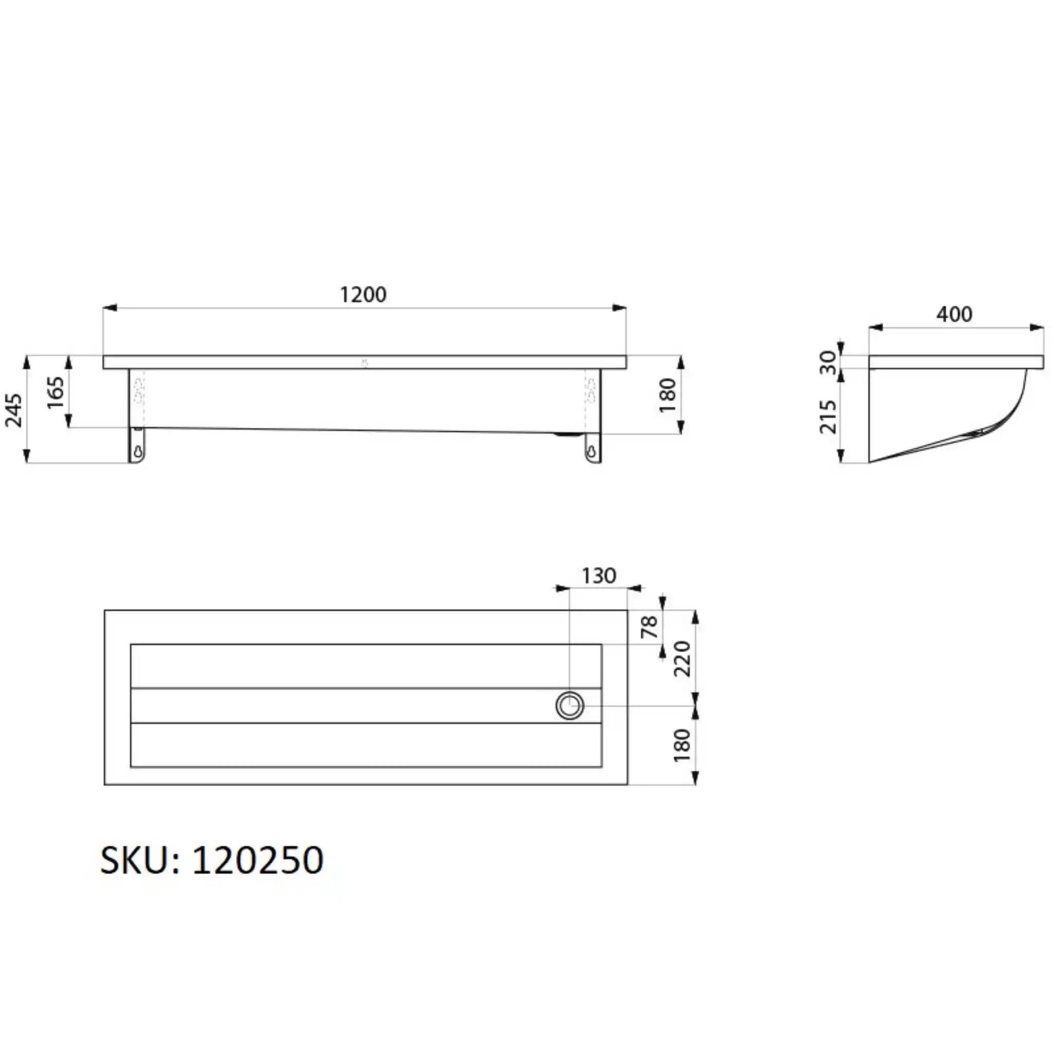 A image showing the technical drawings for the Delabie Canal Wash Trough 1200mm Without Tap Hole Right Waste Trap