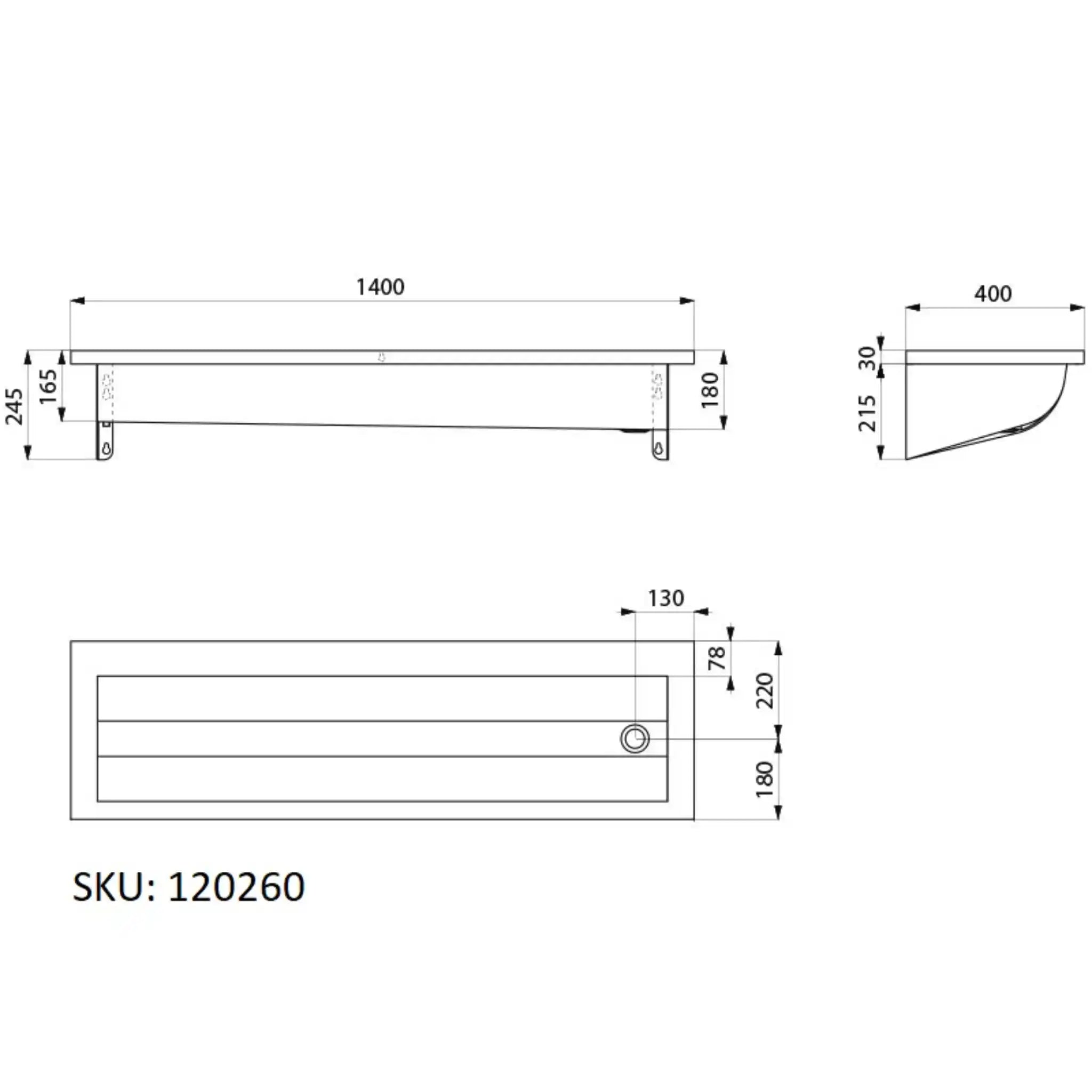 A image showing the technical drawings for the Delabie Canal Wash Trough 1400mm Without Tap Hole Right Waste Trap
