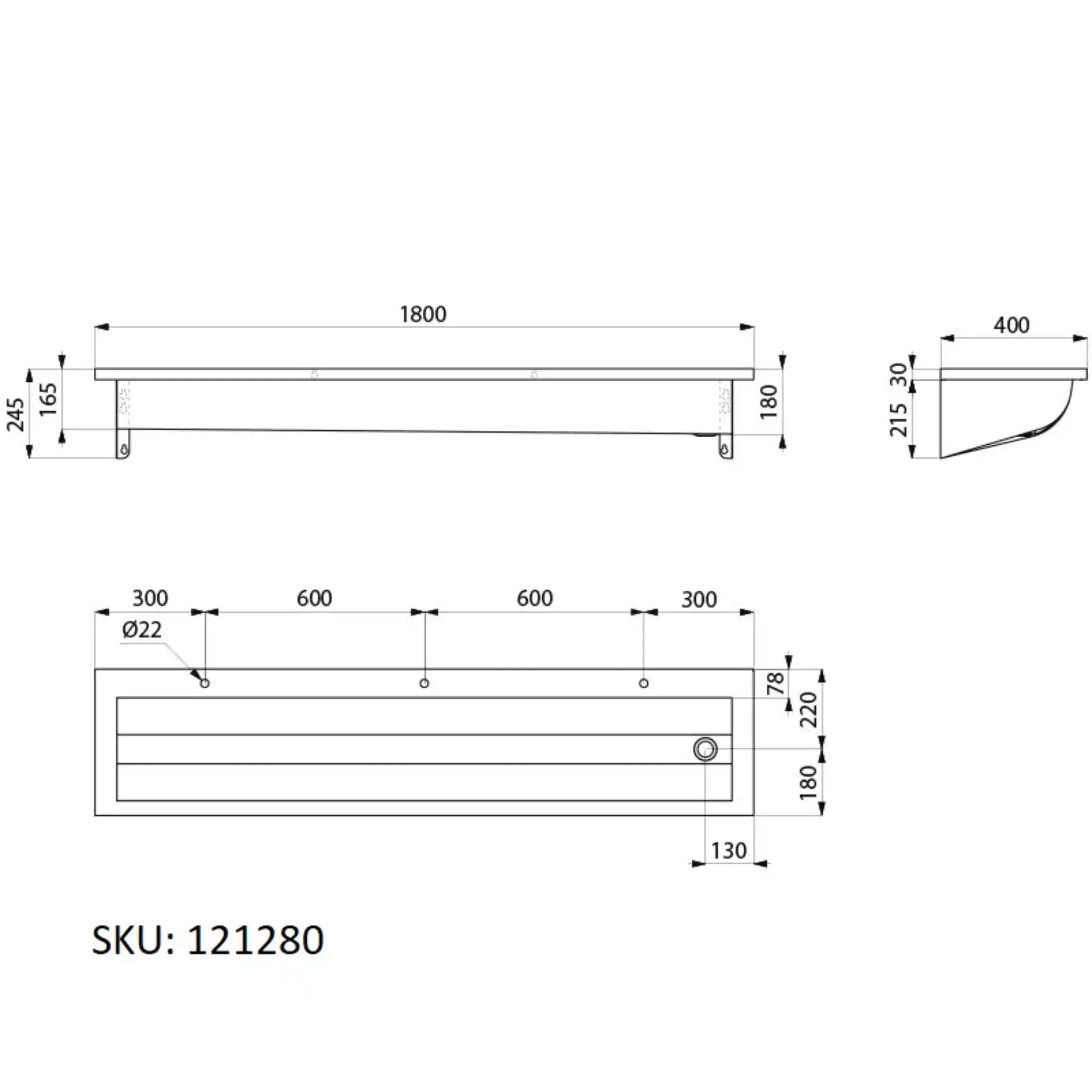 A image showing the technical drawings for the Delabie Canal Wash Trough 1800mm 22mm Tap Holes Right Waste Trap