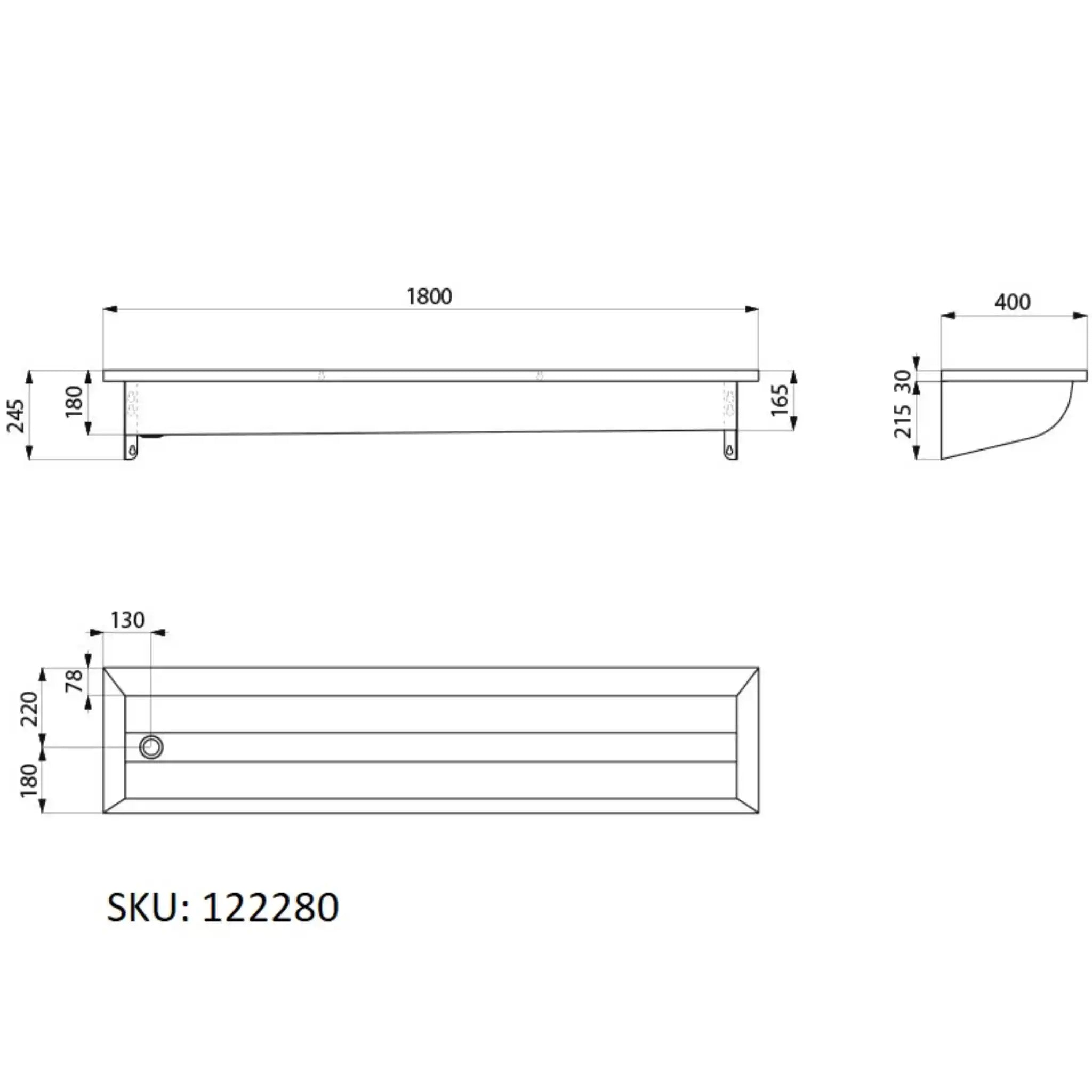 A image showing the technical drawings for the Delabie Canal Wash Trough 1800mm Without Tap Hole Left Waste Trap