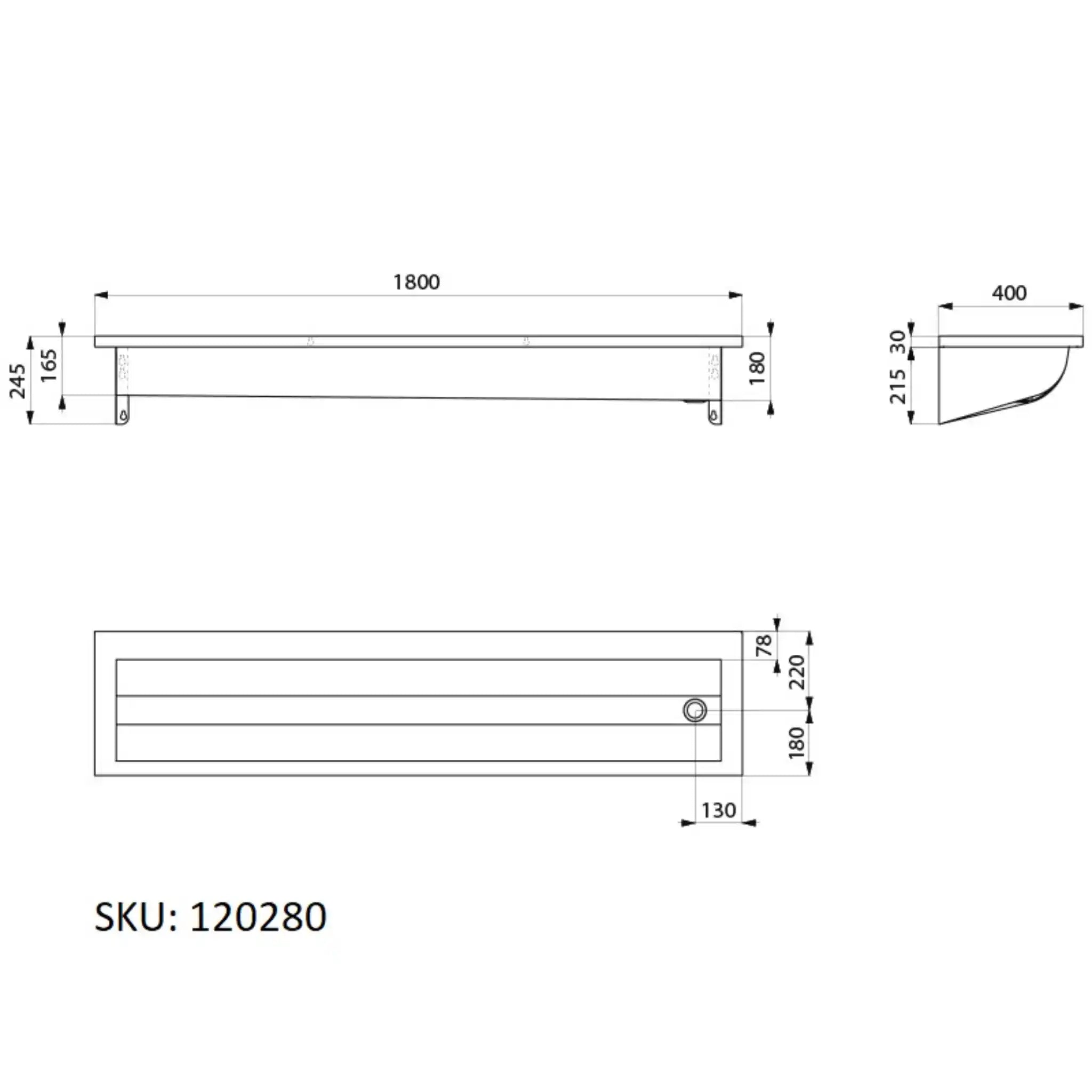 A image showing the technical drawings for the Delabie Canal Wash Trough 1800mm Without Tap Hole Right Waste Trap