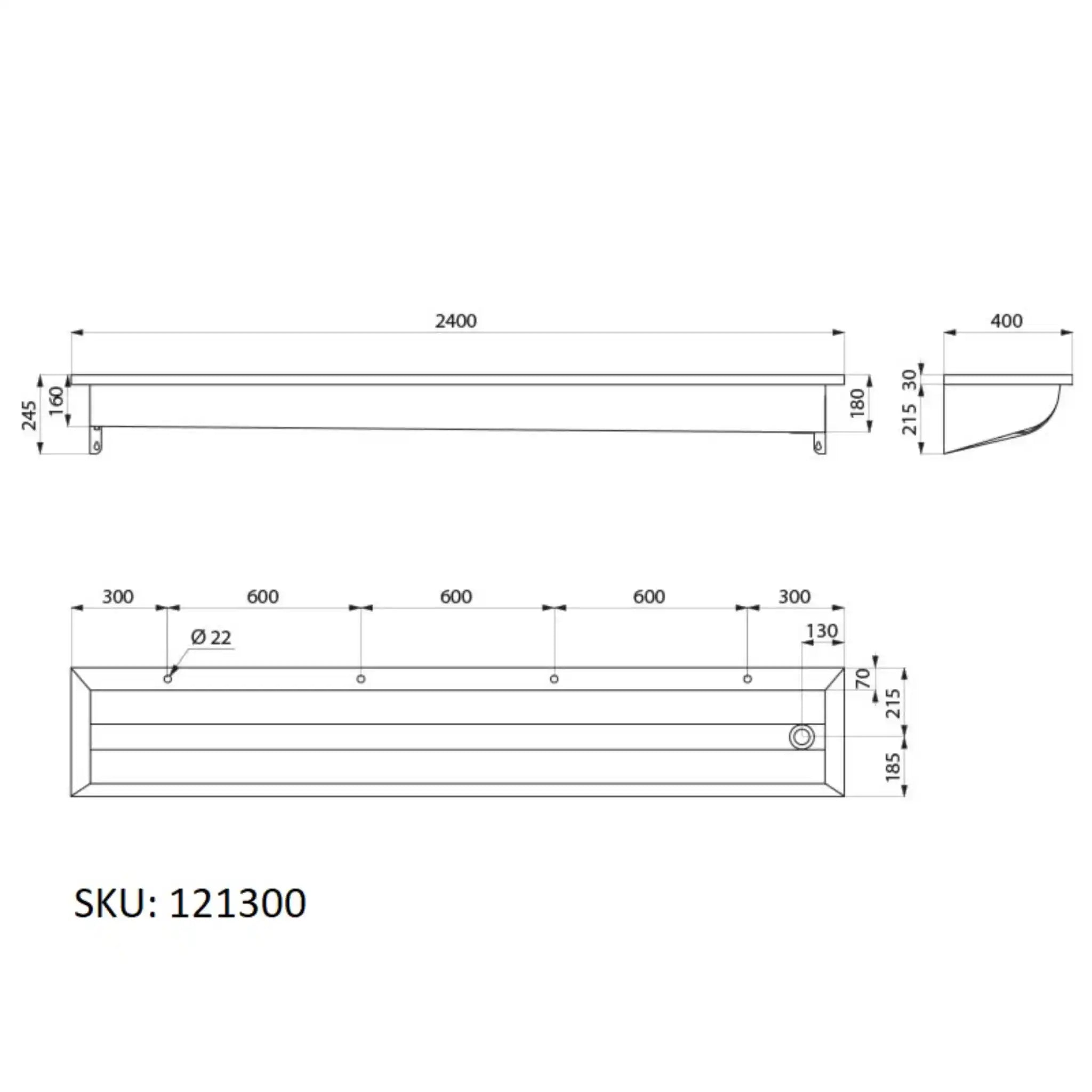 A image showing the technical drawings for the Delabie Canal Wash Trough 2400mm 22mm Tap Holes Right Waste Trap
