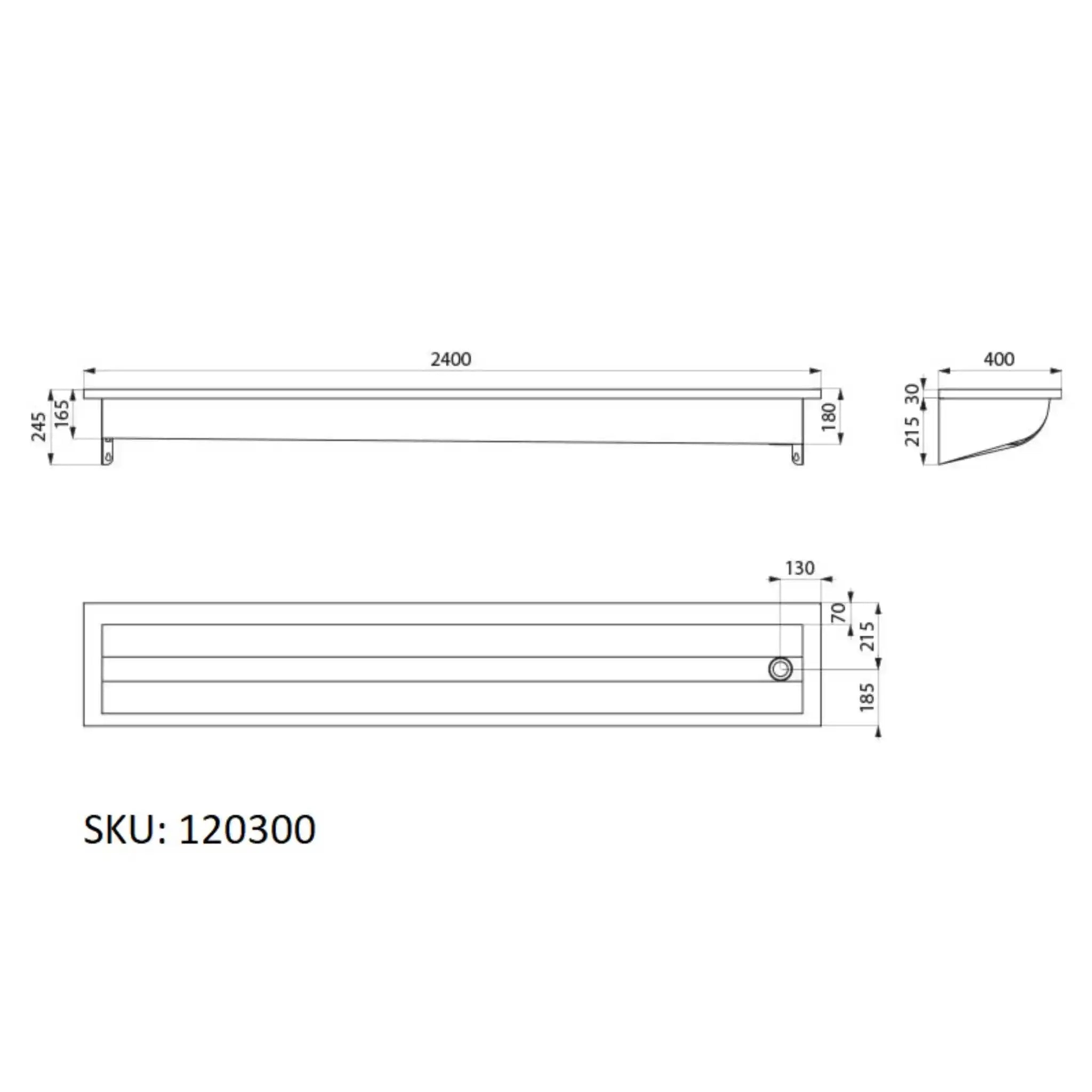 A image showing the technical drawings for the Delabie Canal Wash Trough 2400mm Without Tap Hole Right Waste Trap