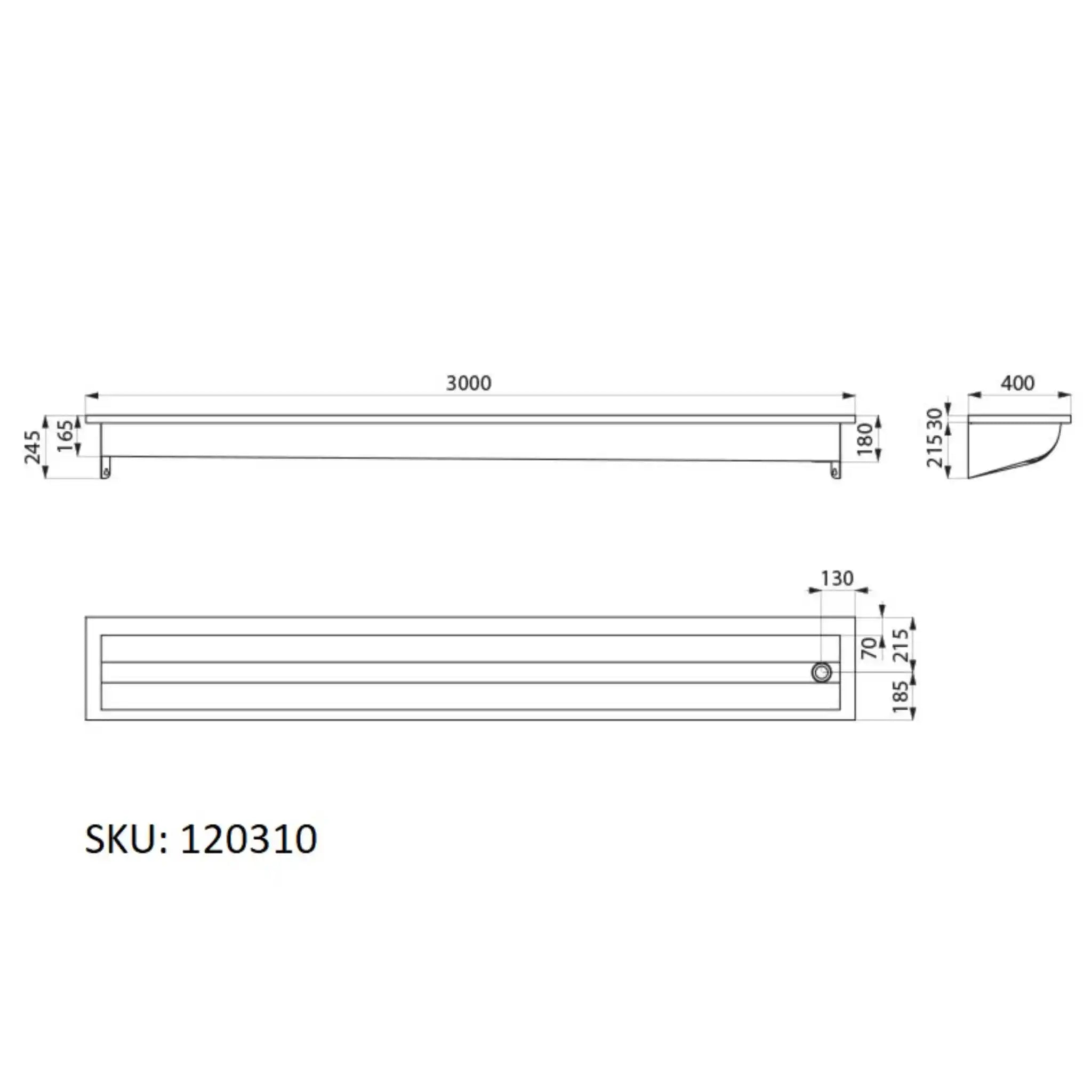 A image showing the technical drawings for the Delabie Canal Wash Trough 3000mm Without Tap Hole Right Waste Trap