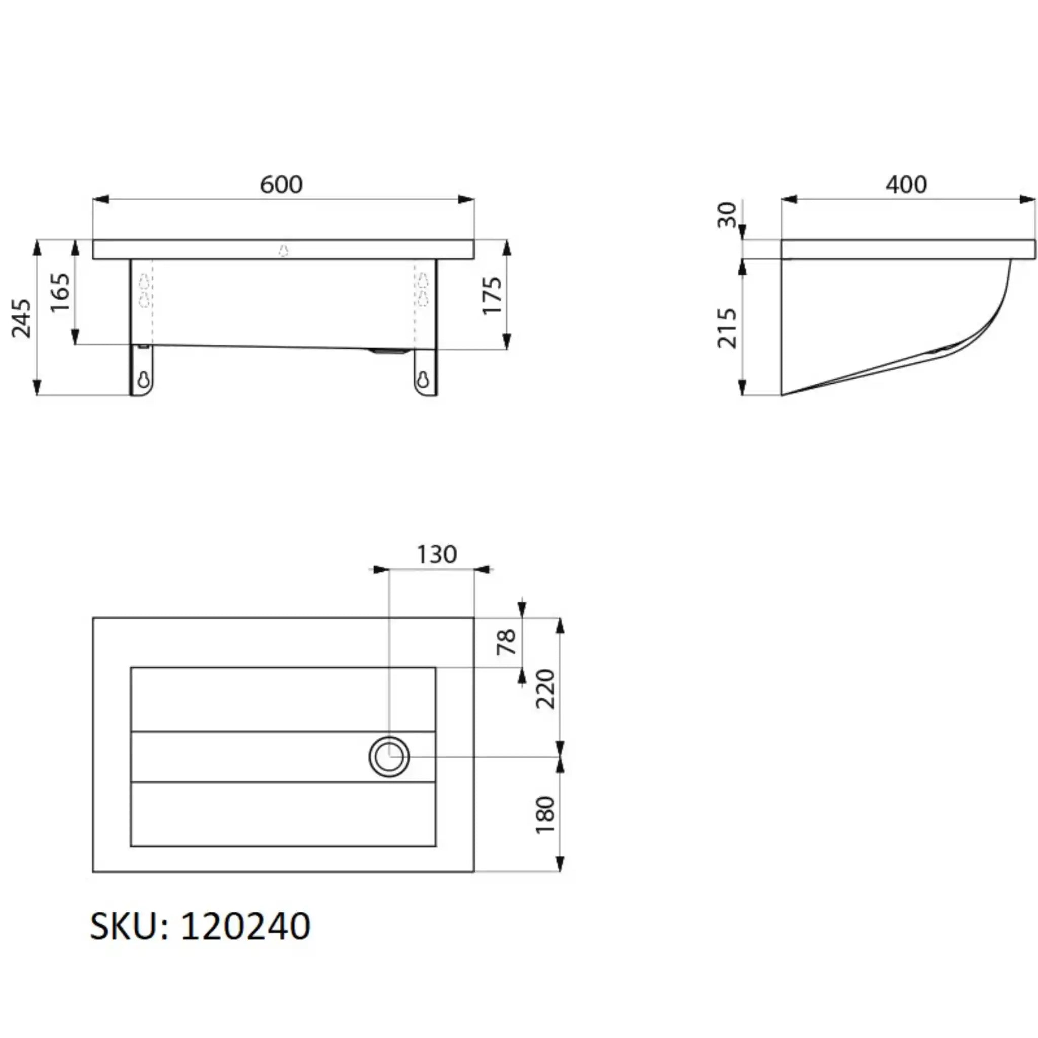 A image showing the technical drawings for the Delabie Canal Wash Trough 600mm Without Tap Hole Right Waste Trap