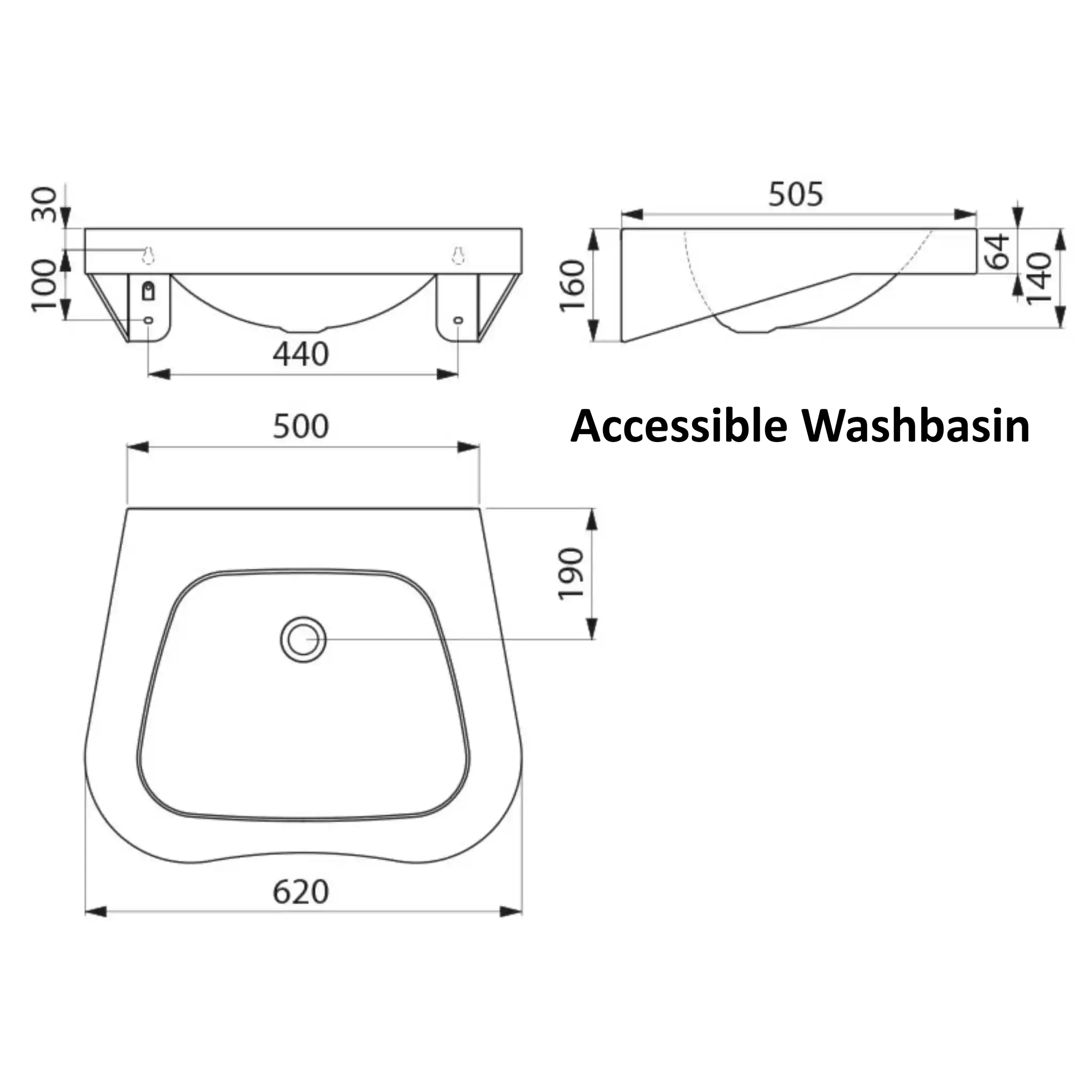 A Technical Drawing of the Delabie FRAJU Accessible Washbasin