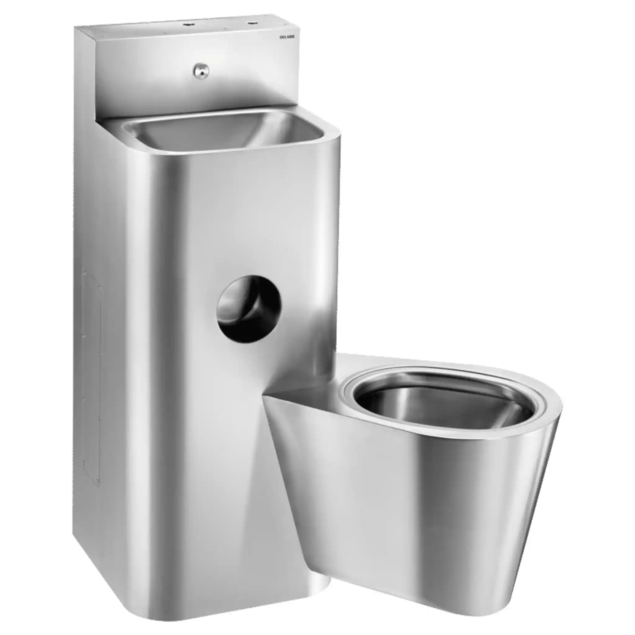 Delabie KOMPACT Combi stainless steel washbasin and wall hung WC combination unit, wall mounted with access panels, WC pan on right, polished satin 304 stainless steel