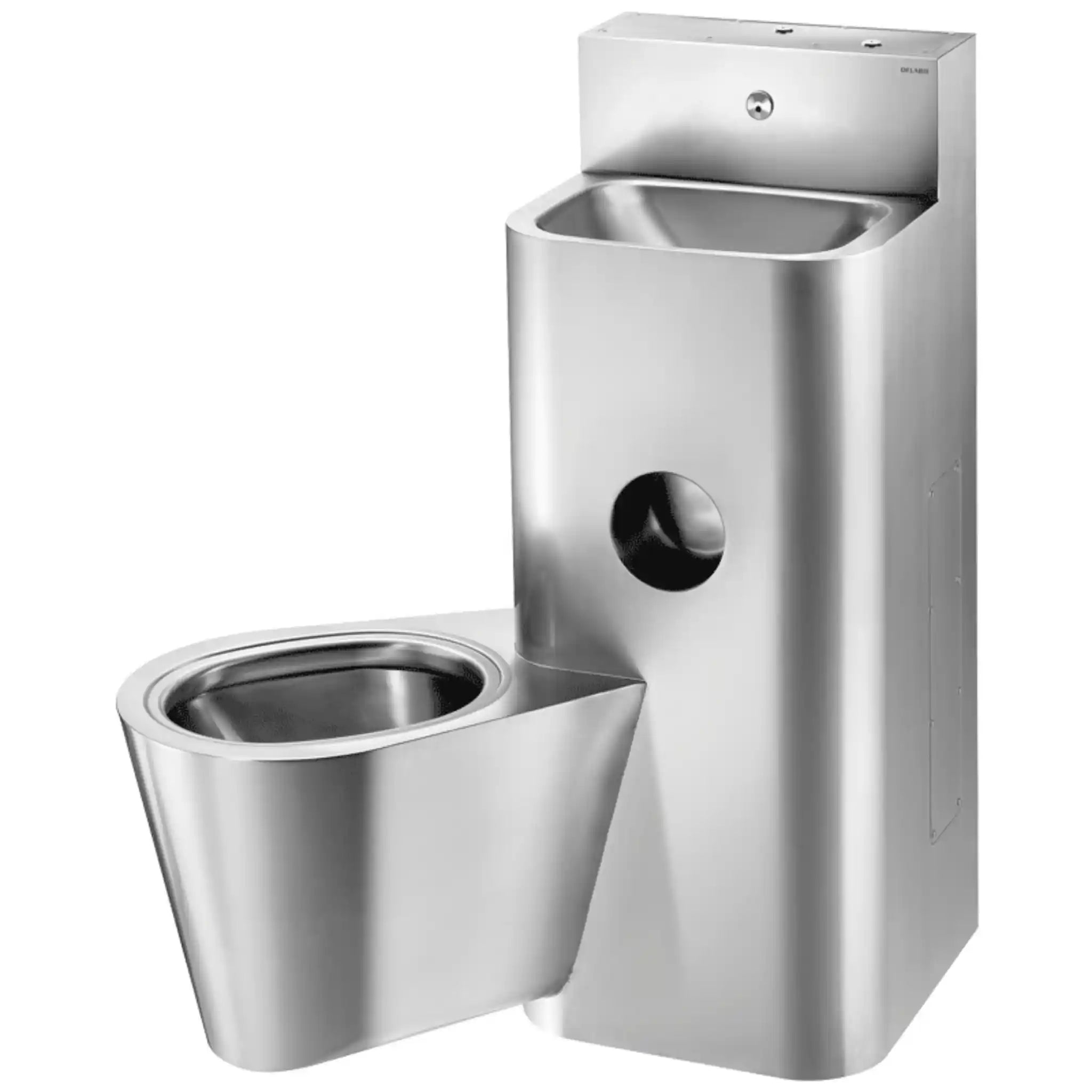 Delabie KOMPACT Combi stainless steel washbasin and wall hung WC combination unit, wall mounted with access panels, WC pan on left, polished satin 304 stainless steel