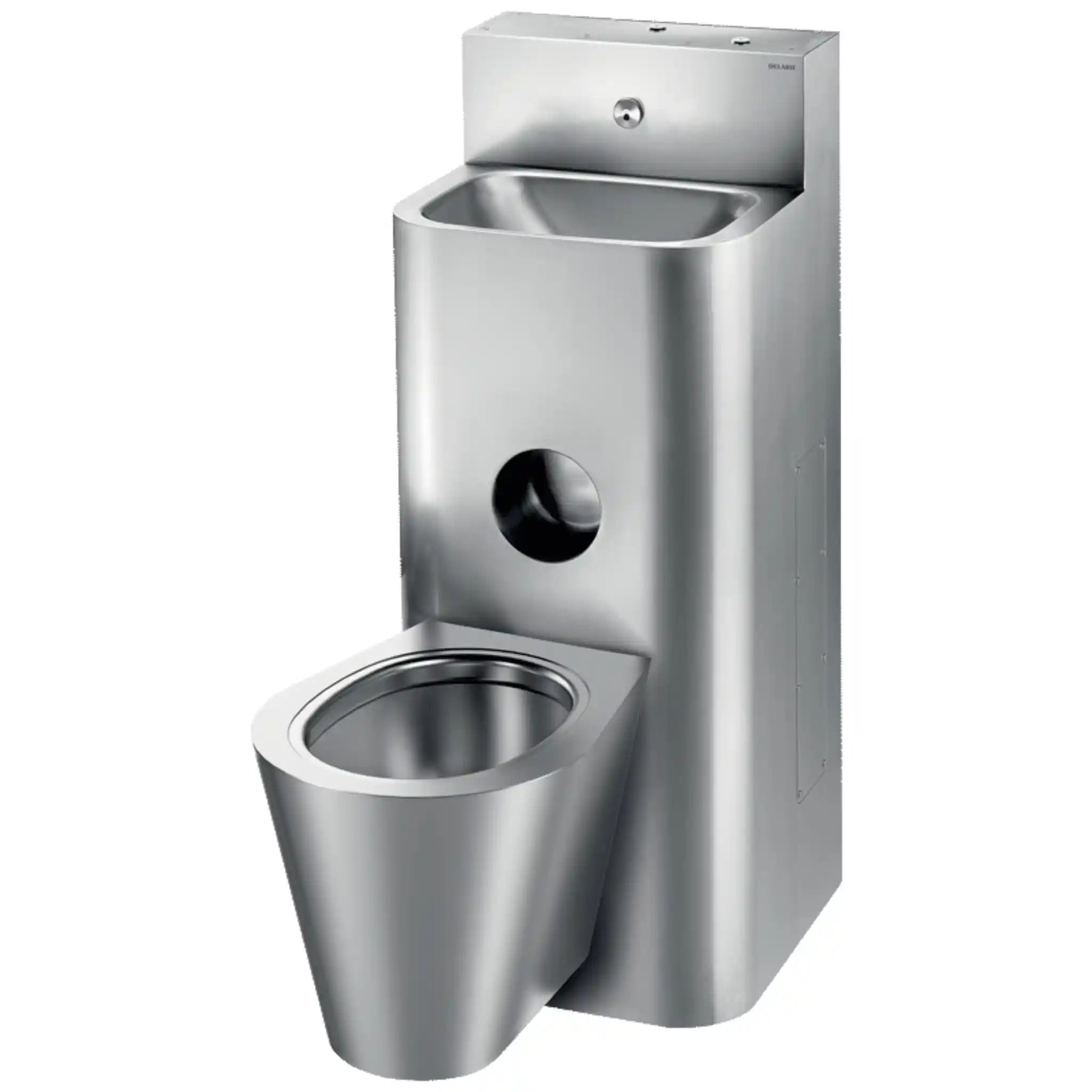 Delabie KOMPACT Combi stainless steel washbasin and wall hung WC combination unit, wall mounted with access panels, WC pan centred, polished satin 304 stainless steel