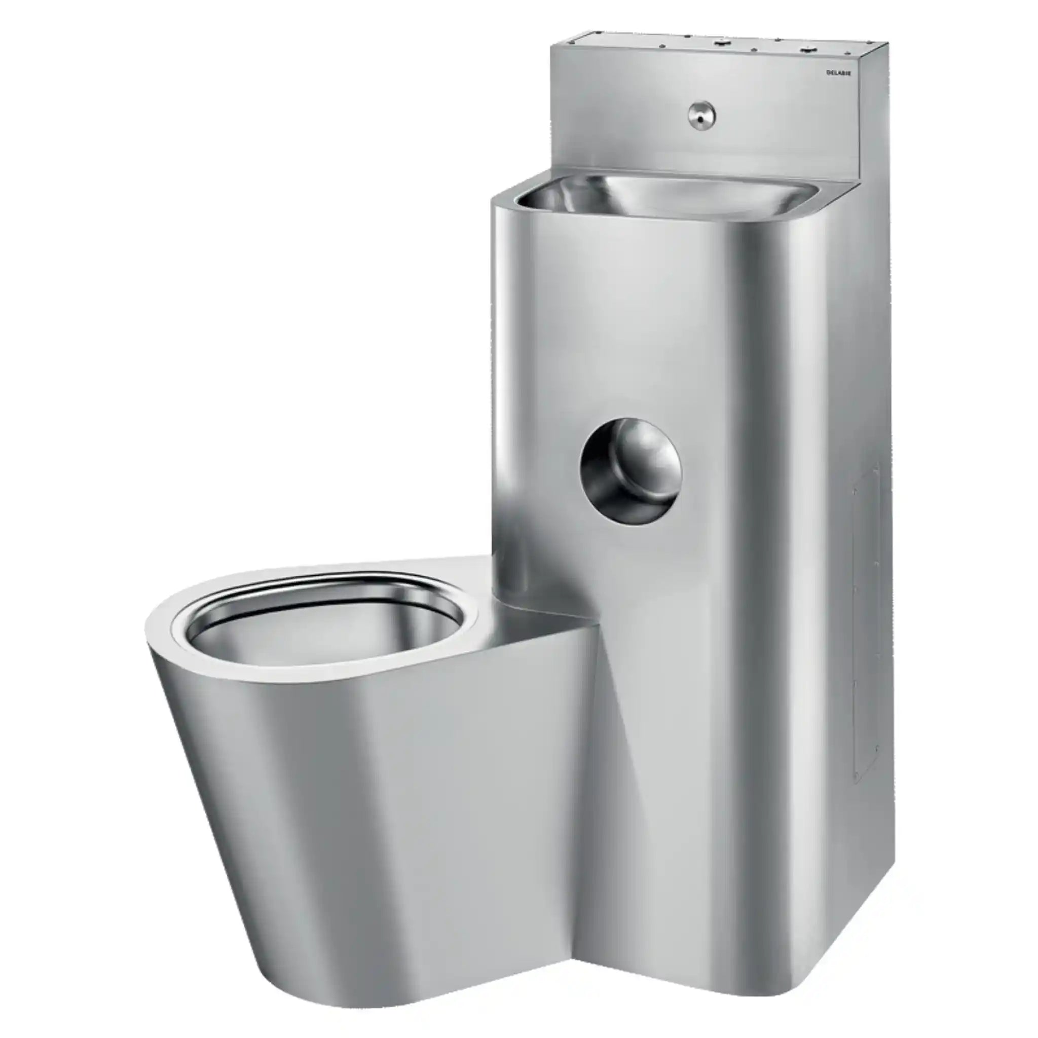 Delabie KOMPACT Combi stainless steel washbasin and floor standing WC combination unit, wall mounted with access panels, WC pan on left, polished satin 304 stainless steel