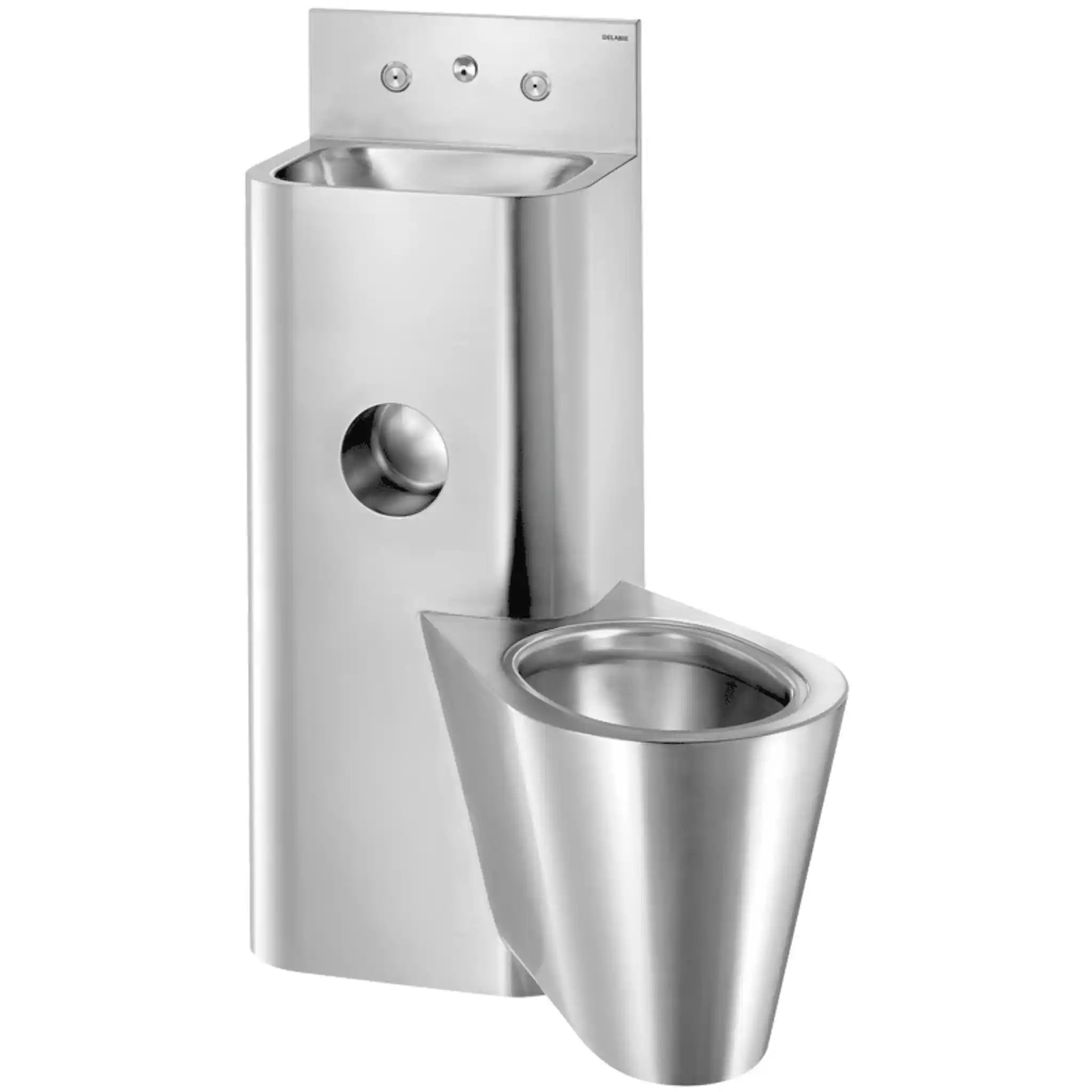 Delabie KOMPACT TC Combi stainless steel washbasin and wall hung WC combination unit, cross wall service duct installation, WC pan on right, polished satin 304 stainless steel