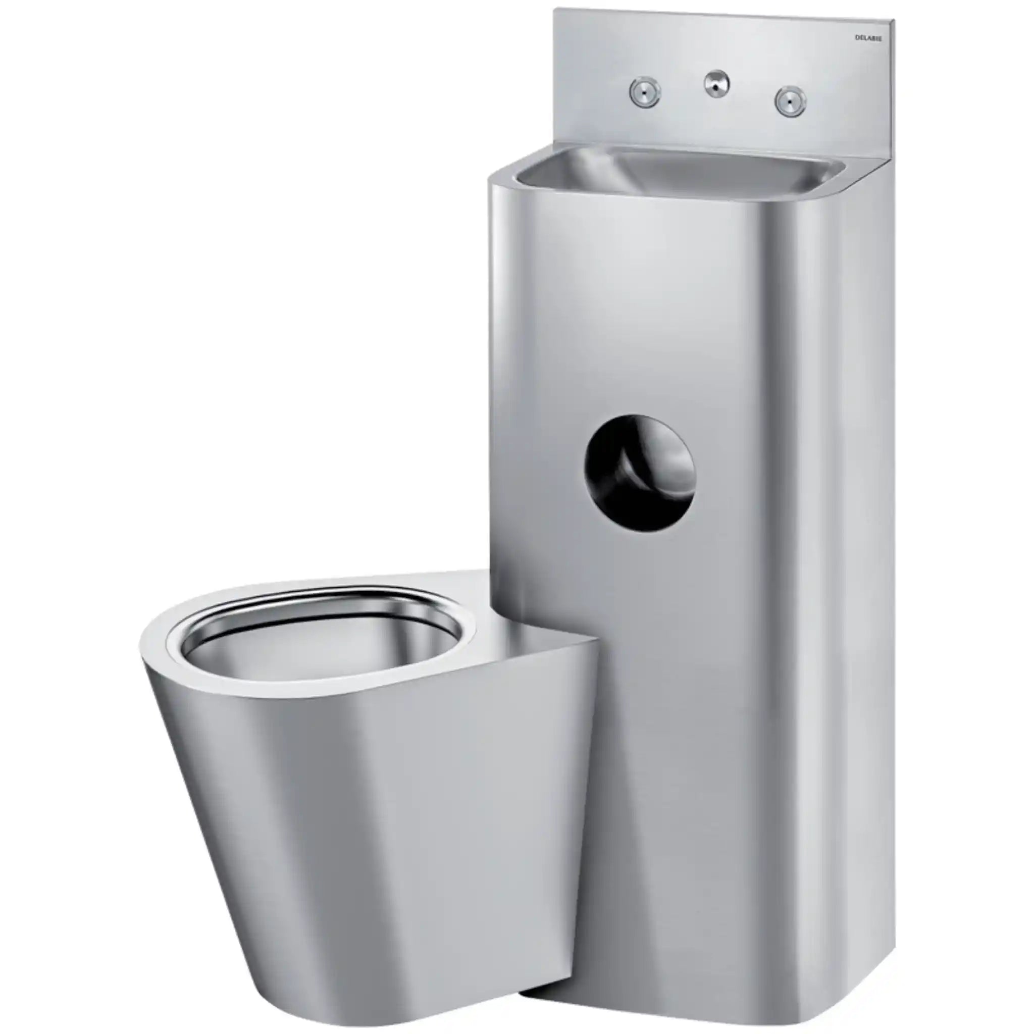 Delabie KOMPACT TC Combi stainless steel washbasin and wall hung WC combination unit, cross wall service duct installation, WC pan on left, polished satin 304 stainless steel