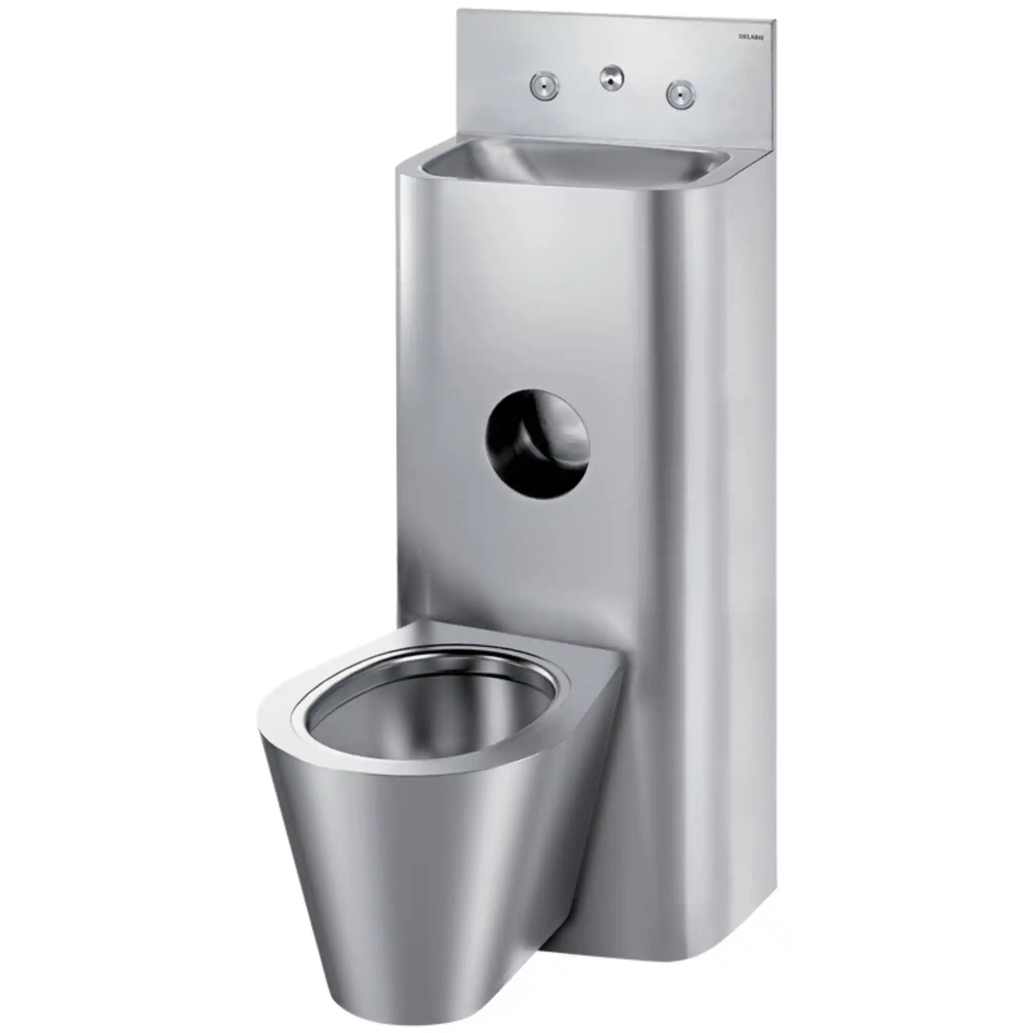 Delabie KOMPACT TC Combi stainless steel washbasin and wall hung WC combination unit, cross wall service duct installation, WC pan centred, polished satin 304 stainless steel