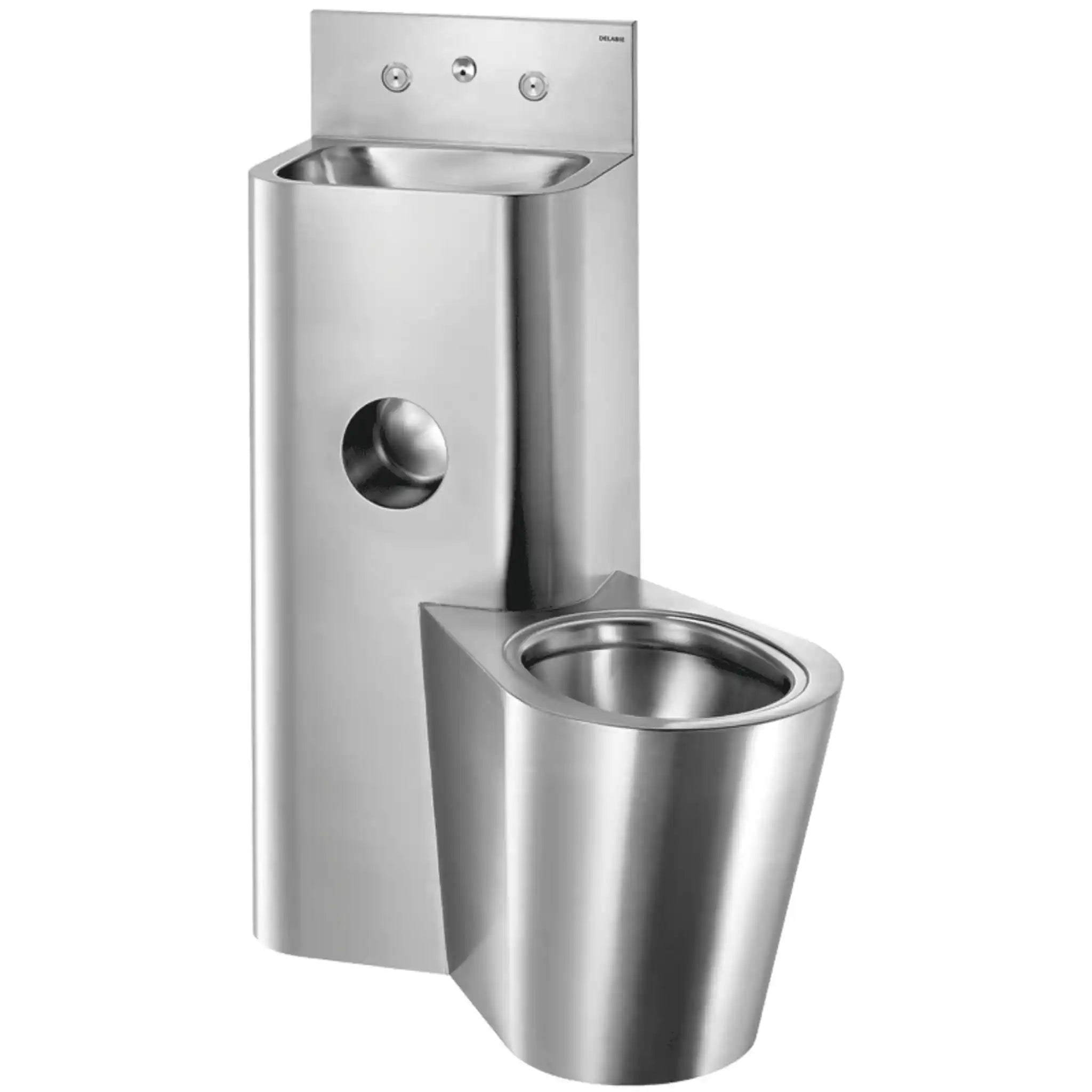Delabie KOMPACT TC Combi stainless steel washbasin and floor standing WC combination unit, cross wall service duct installation, WC pan on right, polished satin 304 stainless steel
