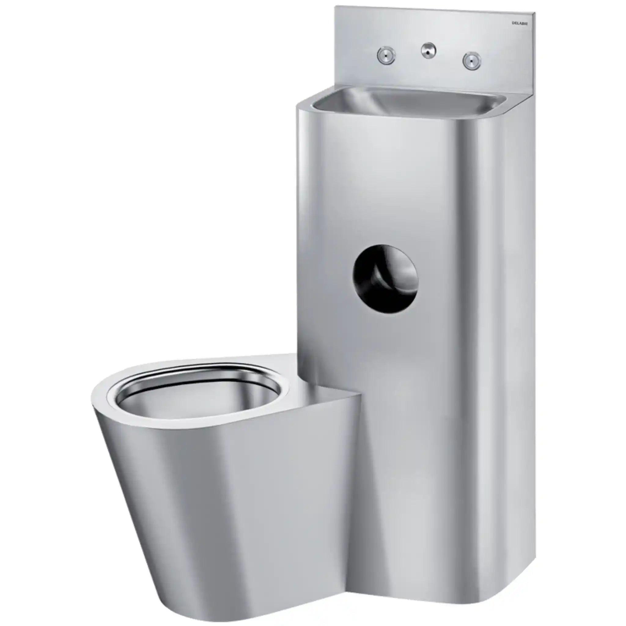 Delabie KOMPACT TC Combi stainless steel washbasin and floor standing WC combination unit, cross wall service duct installation, WC pan on left, polished satin 304 stainless steel
