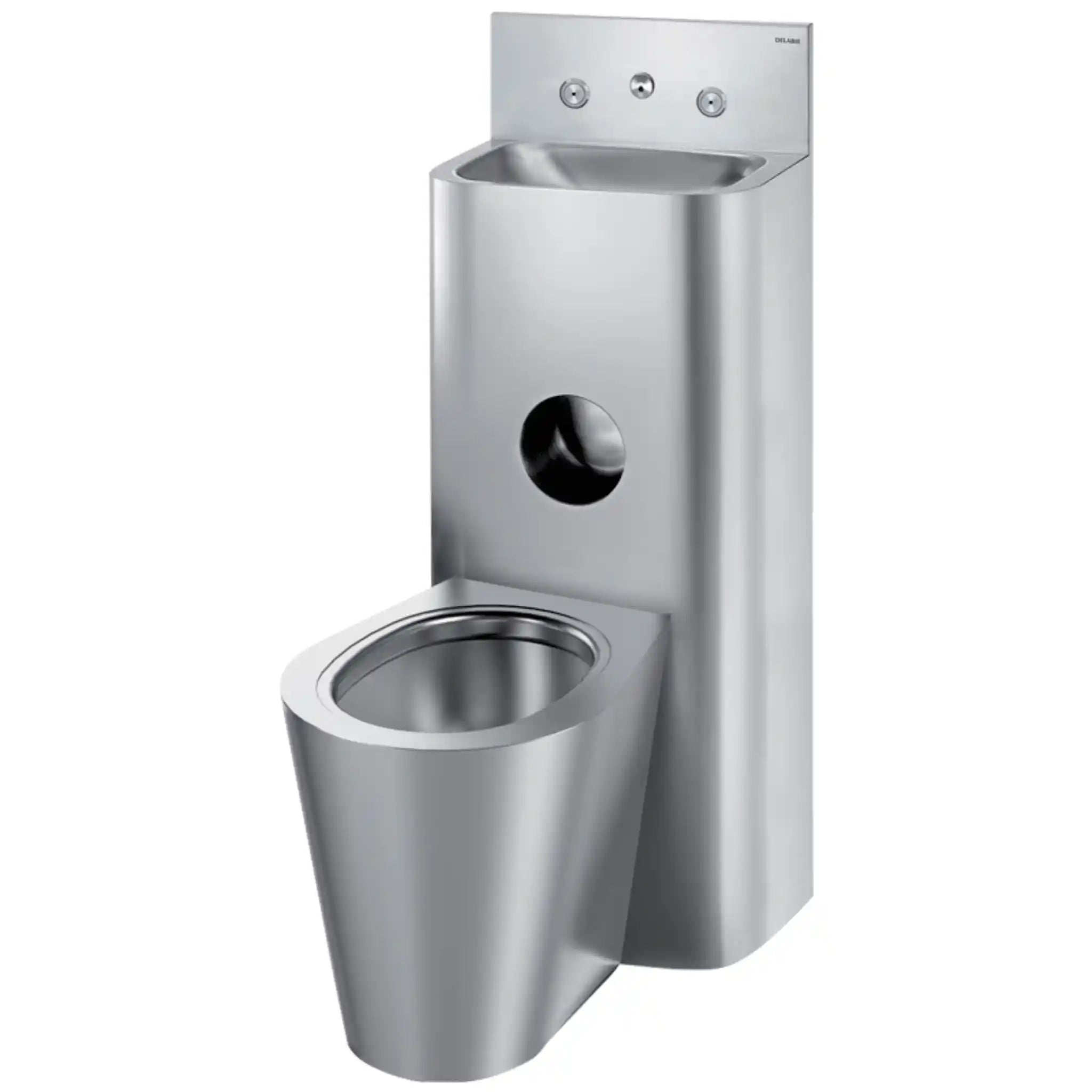 Delabie KOMPACT TC Combi stainless steel washbasin and floor standing WC combination unit, cross wall service duct installation, WC pan centred, polished satin 304 stainless steel