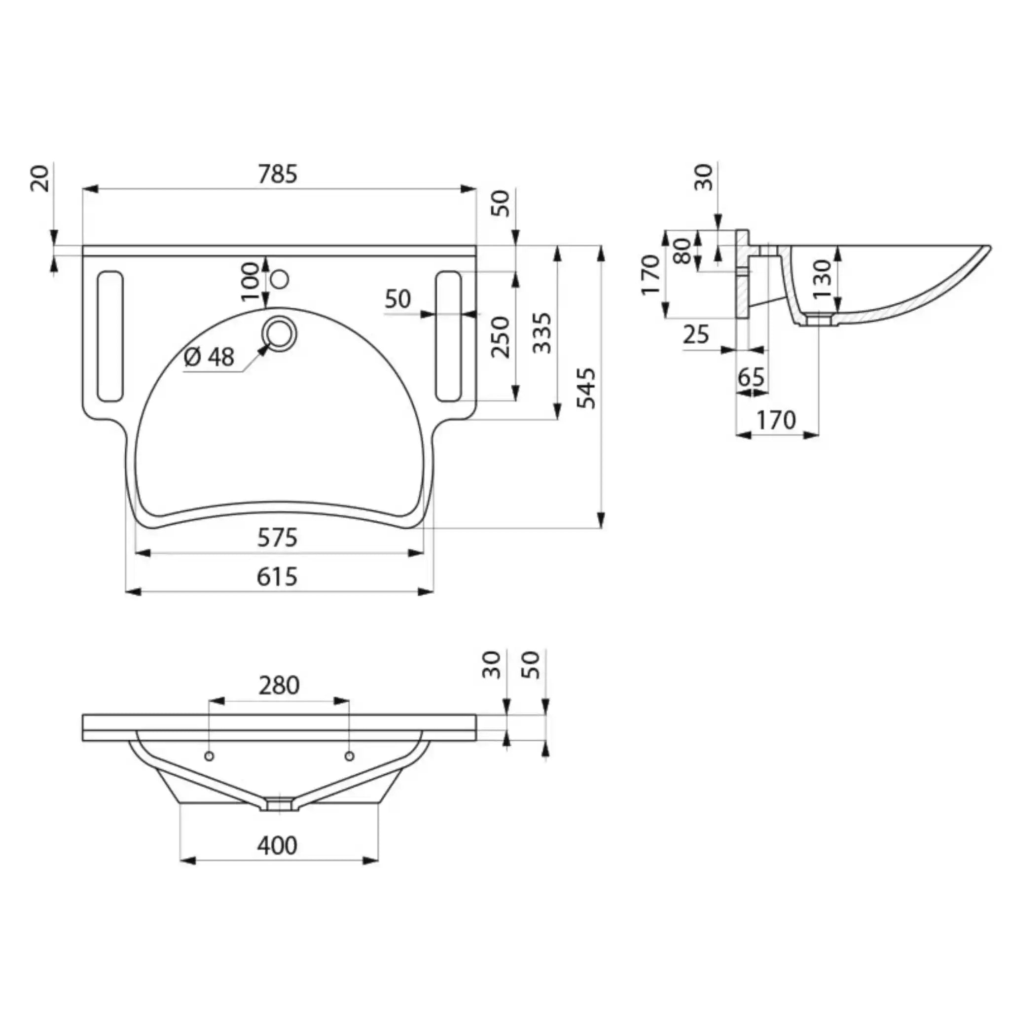 A image showing the Delabie MINERALCAST PMR Washbasin technical drawings