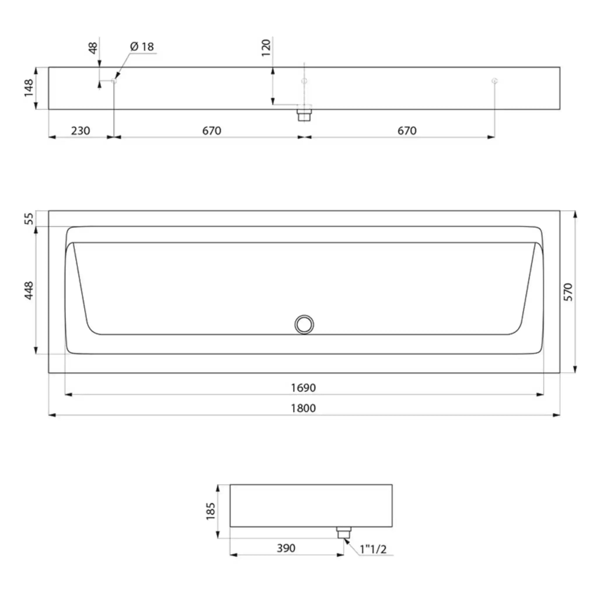 The technical drawings for the 1800mm three person Delabie MINERALCAST Wash Trough