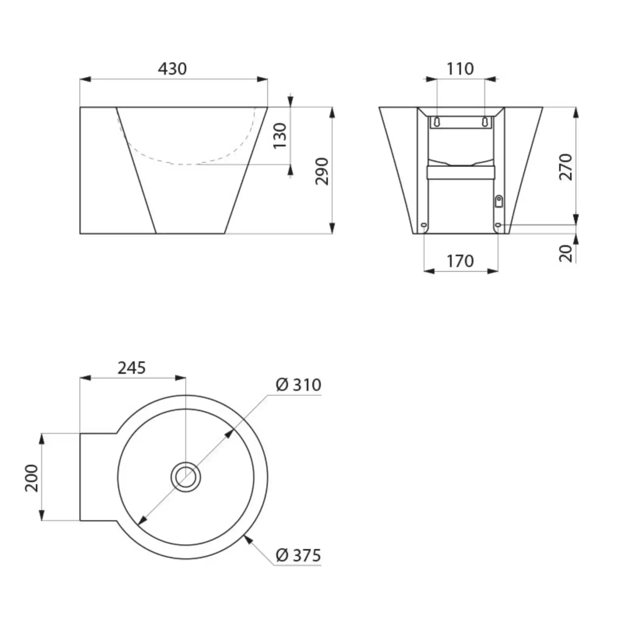 Technical Drawing of Delabie MINI BAILA Washbasin