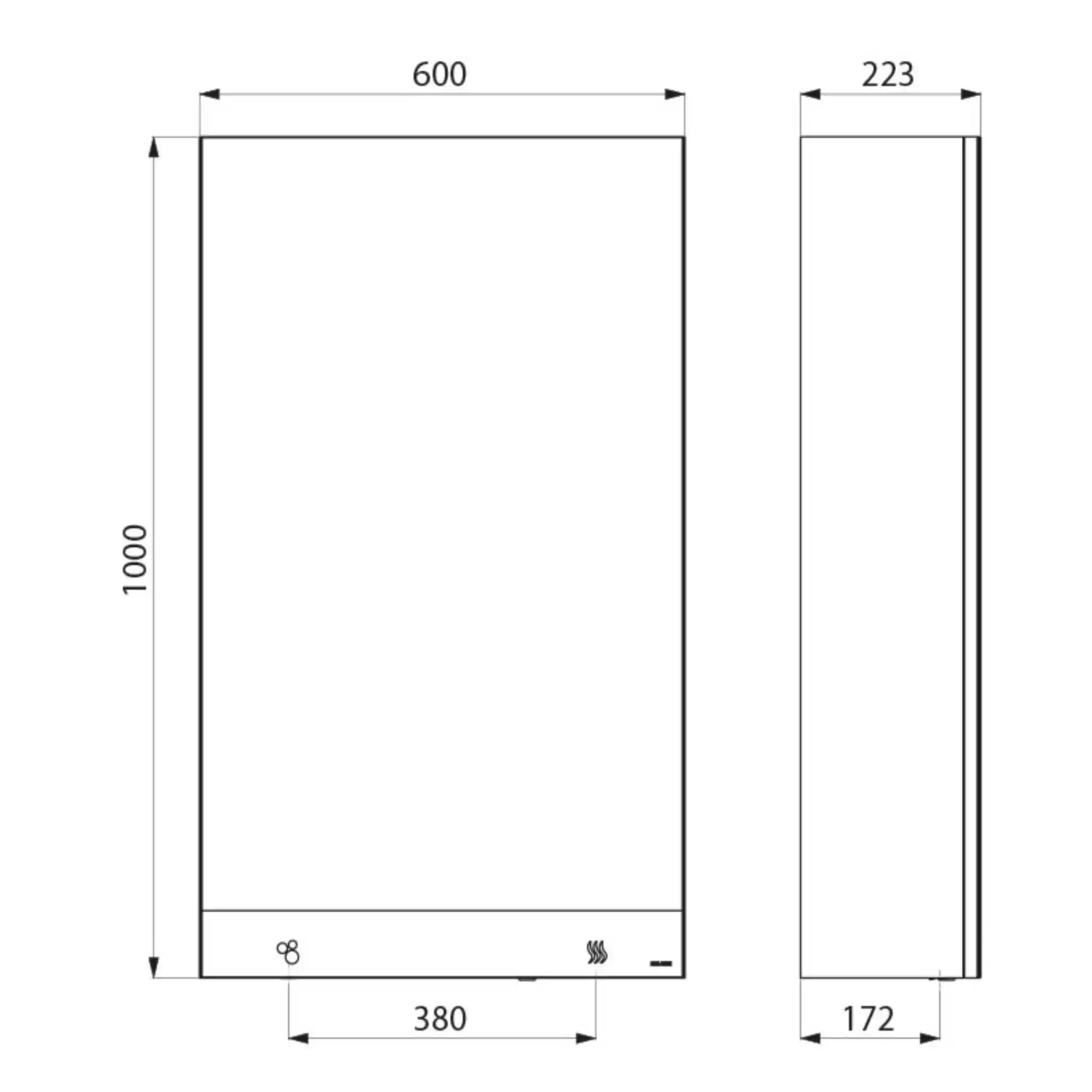 An image showing the technical drawings for the Delabie Mirror Cabinet 3 in 1 600mm 