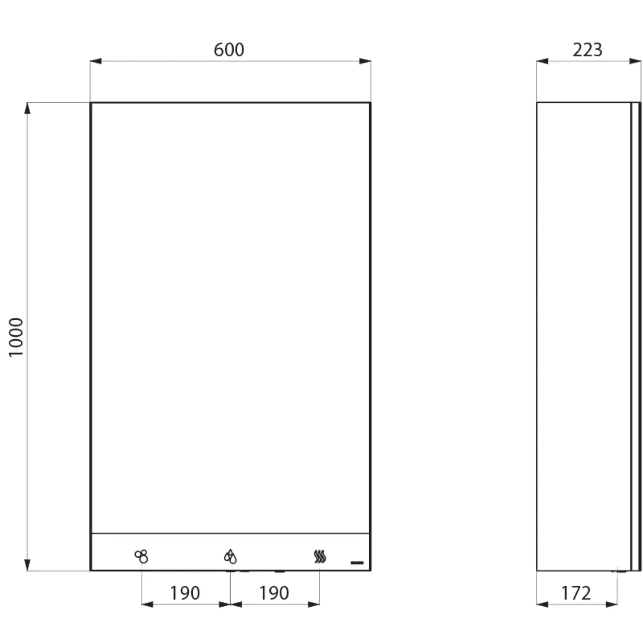 An image showing the technical drawings for the Delabie Mirror Cabinet 4 in 1 600mm