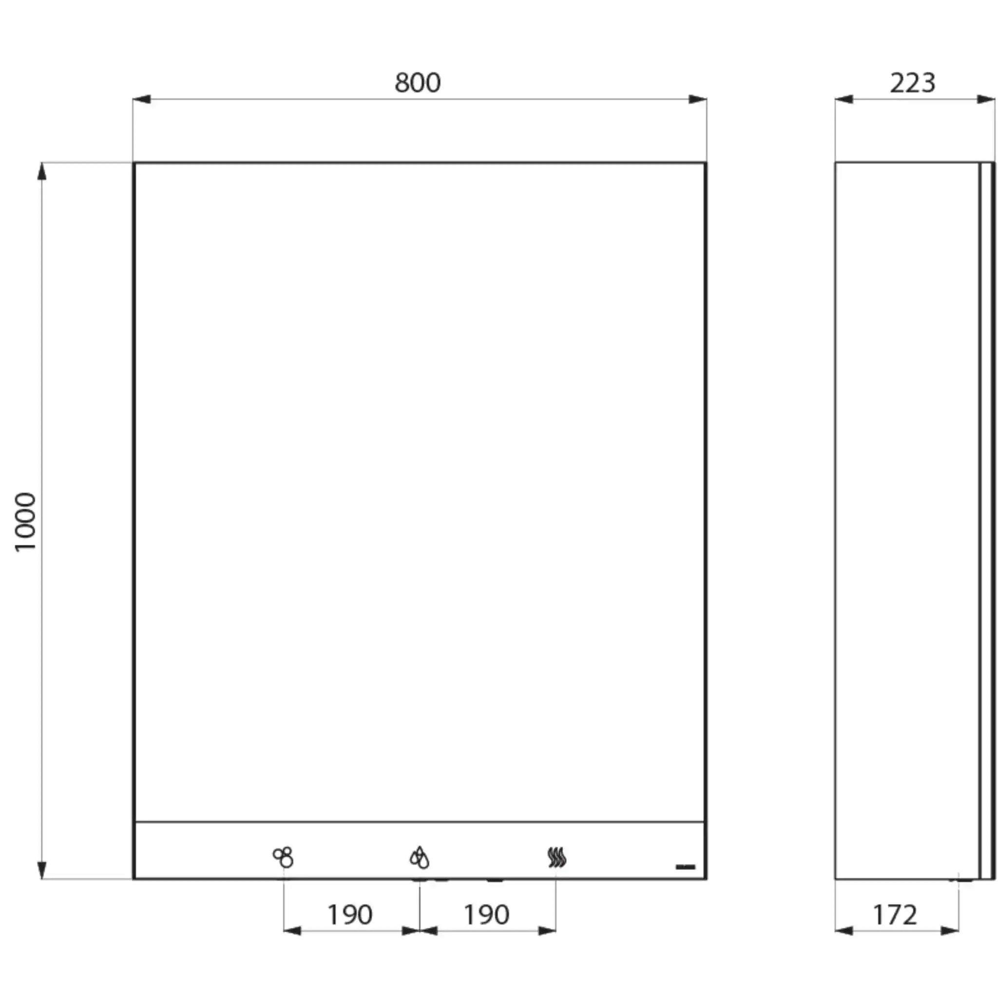 An image showing the technical drawings for the Delabie Mirror Cabinet 4 in 1 800mm