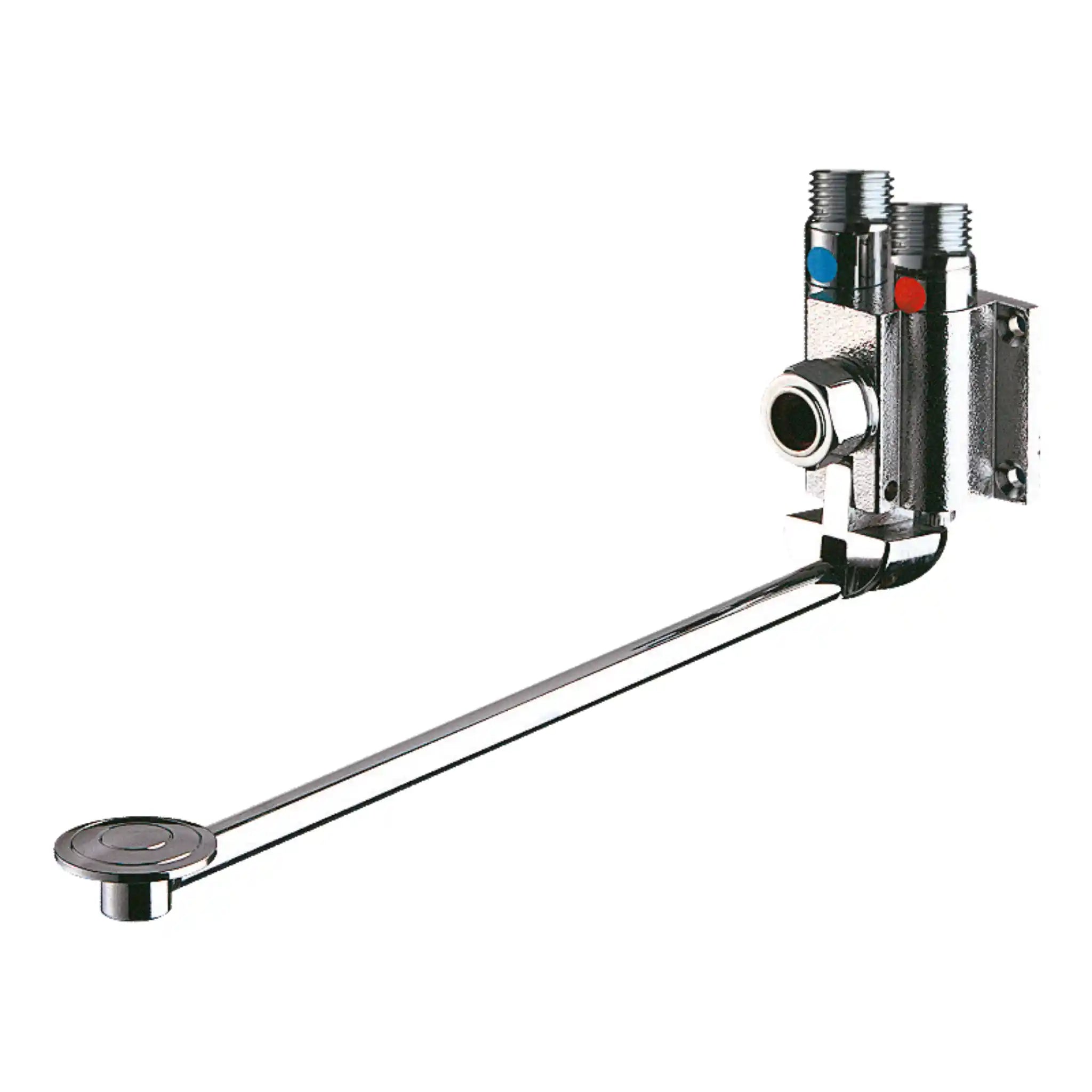 Delabie Mixfoot Foot Operated Mixer Valve, wall-mounted unit, M½ inch connections, compact metal body