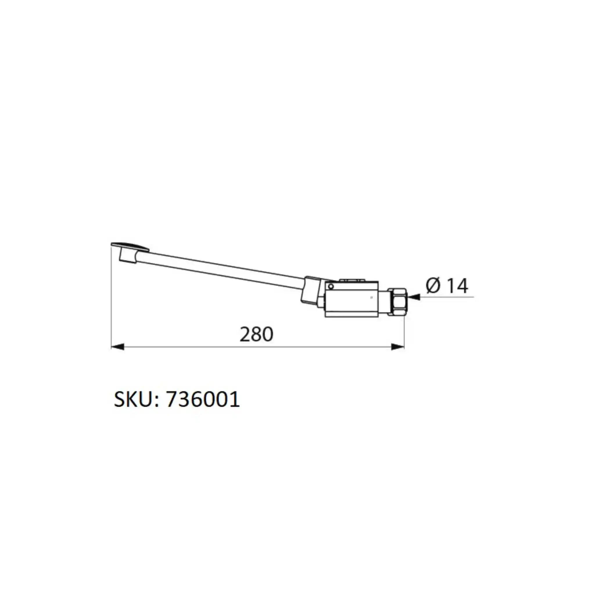 A image showing the technical drawings for the Delabie Monofoot Foot Operated Valve Floor Mounted Stud Nut 14mm