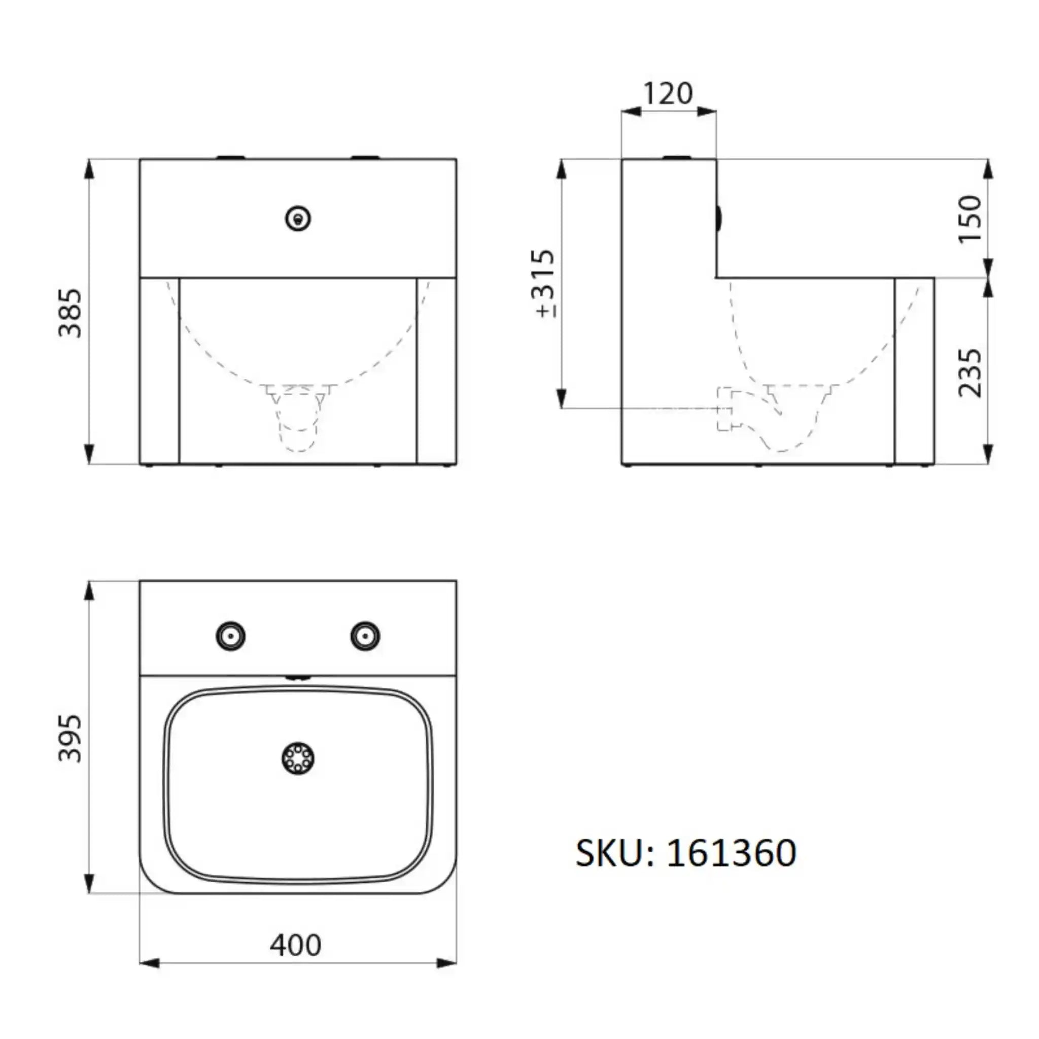 A image showing the technical drawings for the Delabie TEK Vandal Resistant Washbasin Front Install Double Push Button