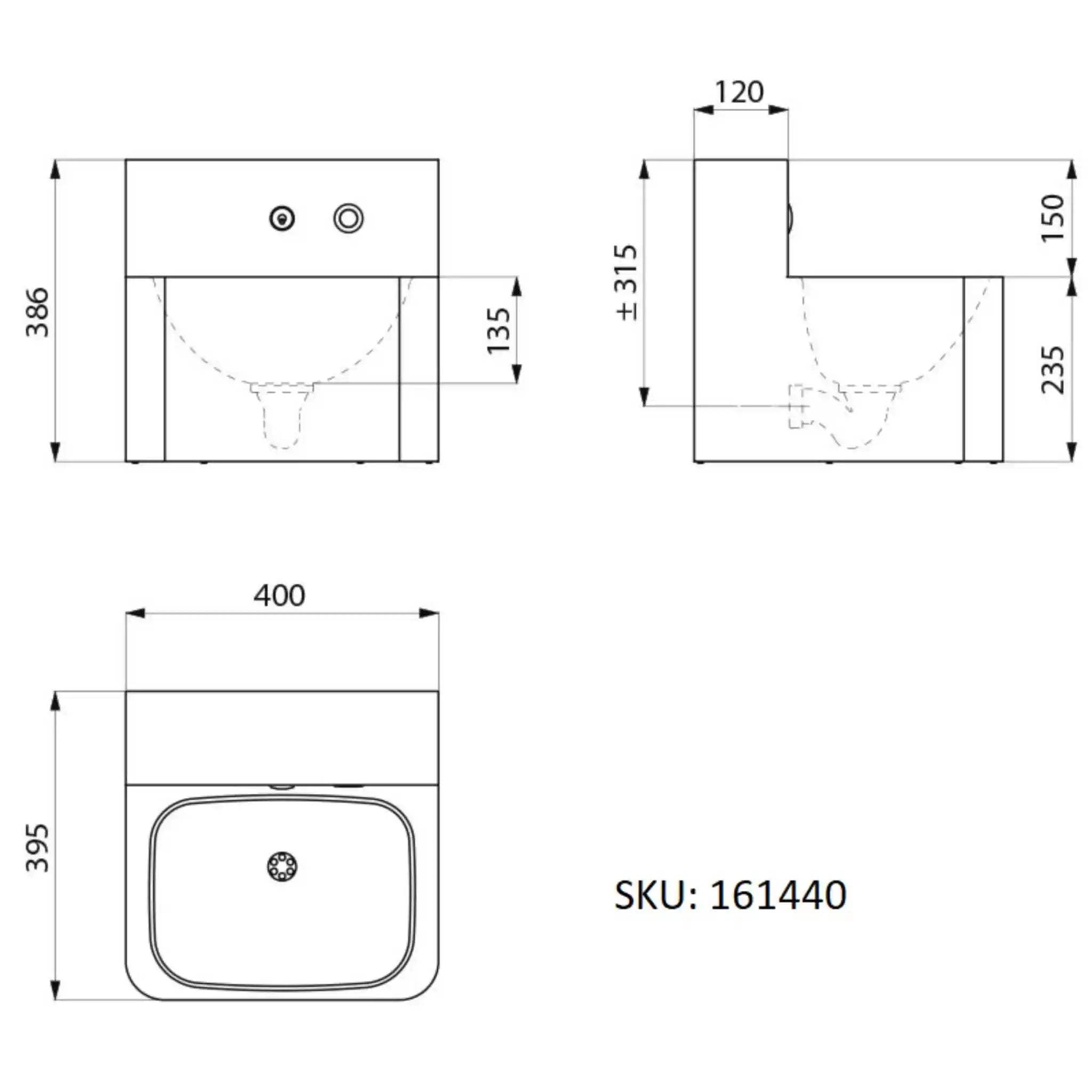 A image showing the technical drawings for the Delabie TEK Vandal Resistant Washbasin Front Install Single Electronic Sensor