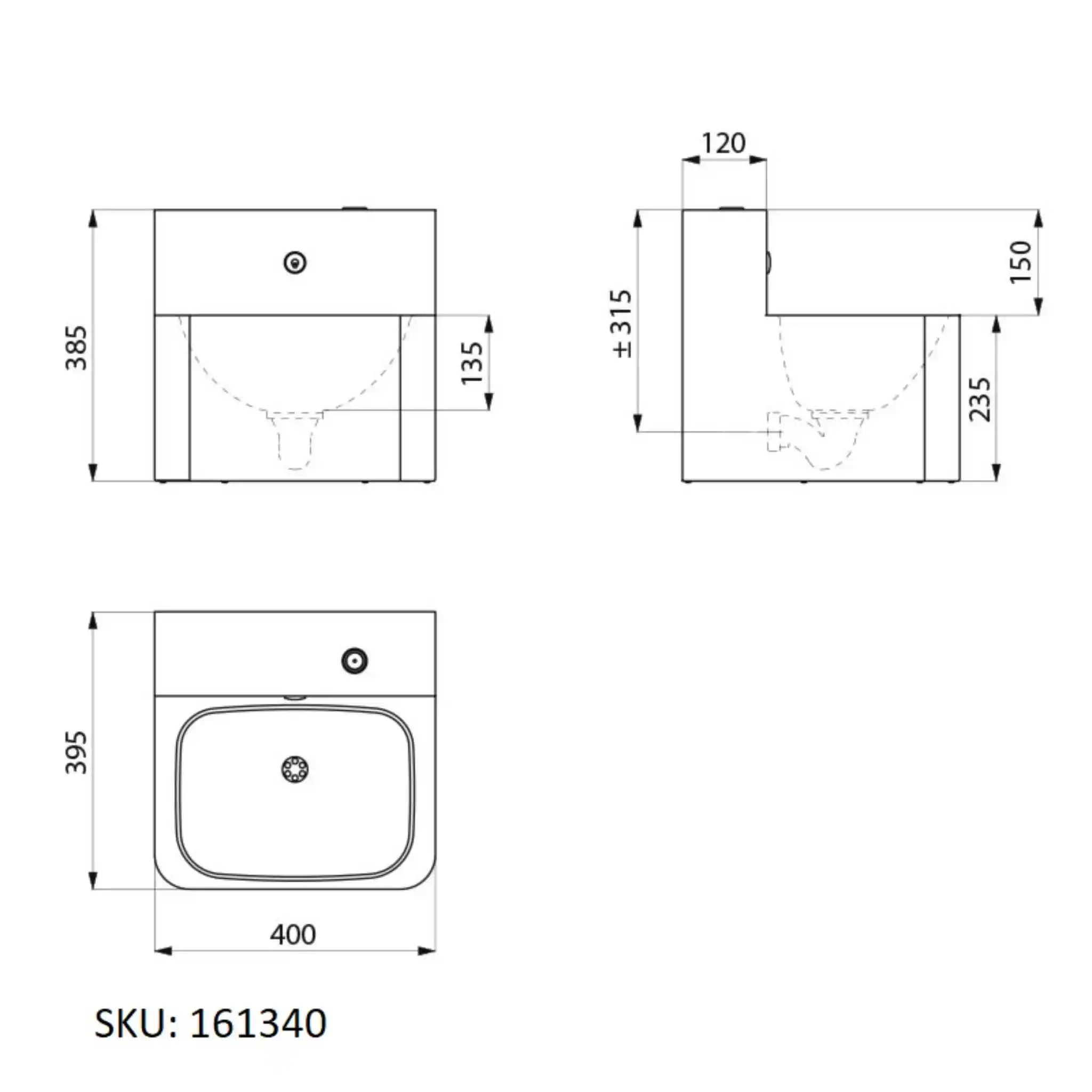 A image showing the technical drawings for the Delabie TEK Vandal Resistant Washbasin Front Install Single Push Button