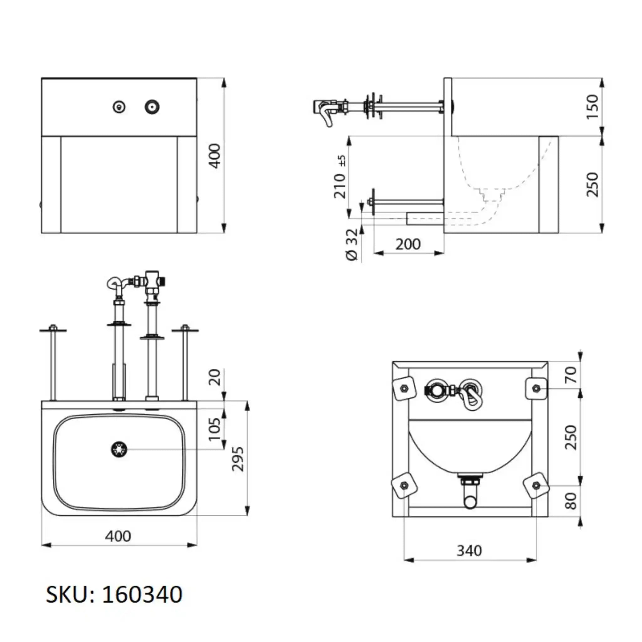 A image showing the technical drawings for the Delabie TEK Vandal Resistant Washbasin Through Wall Installation Single Push Button