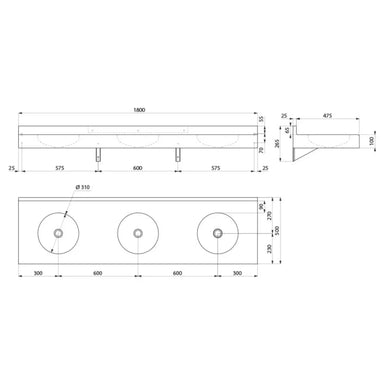 A Technical Drawings for Delabie TRIPLO RP Washbasin