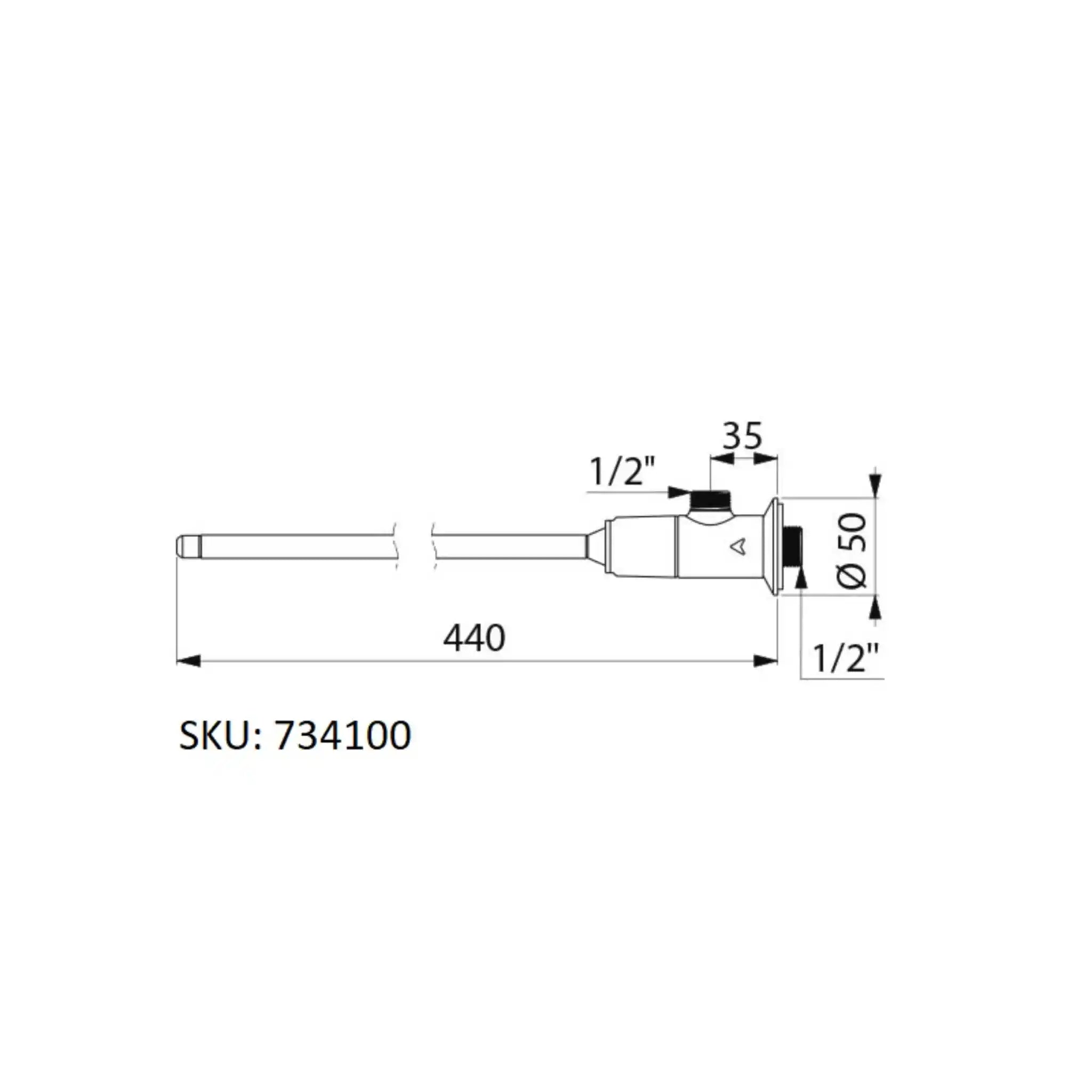 An image showing the technical drawings for the Delabie Tempogenou Knee Operated Basin Valve Angled Recessed Inlet Standard