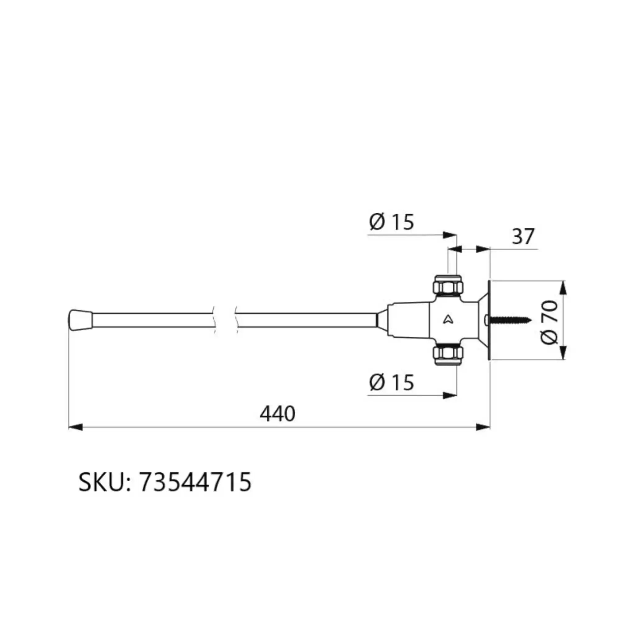 An image showing the technical drawings for the Delabie Tempogenou Knee Operated Basin Valve Straight Inline Inlet Standard 15mm Compression