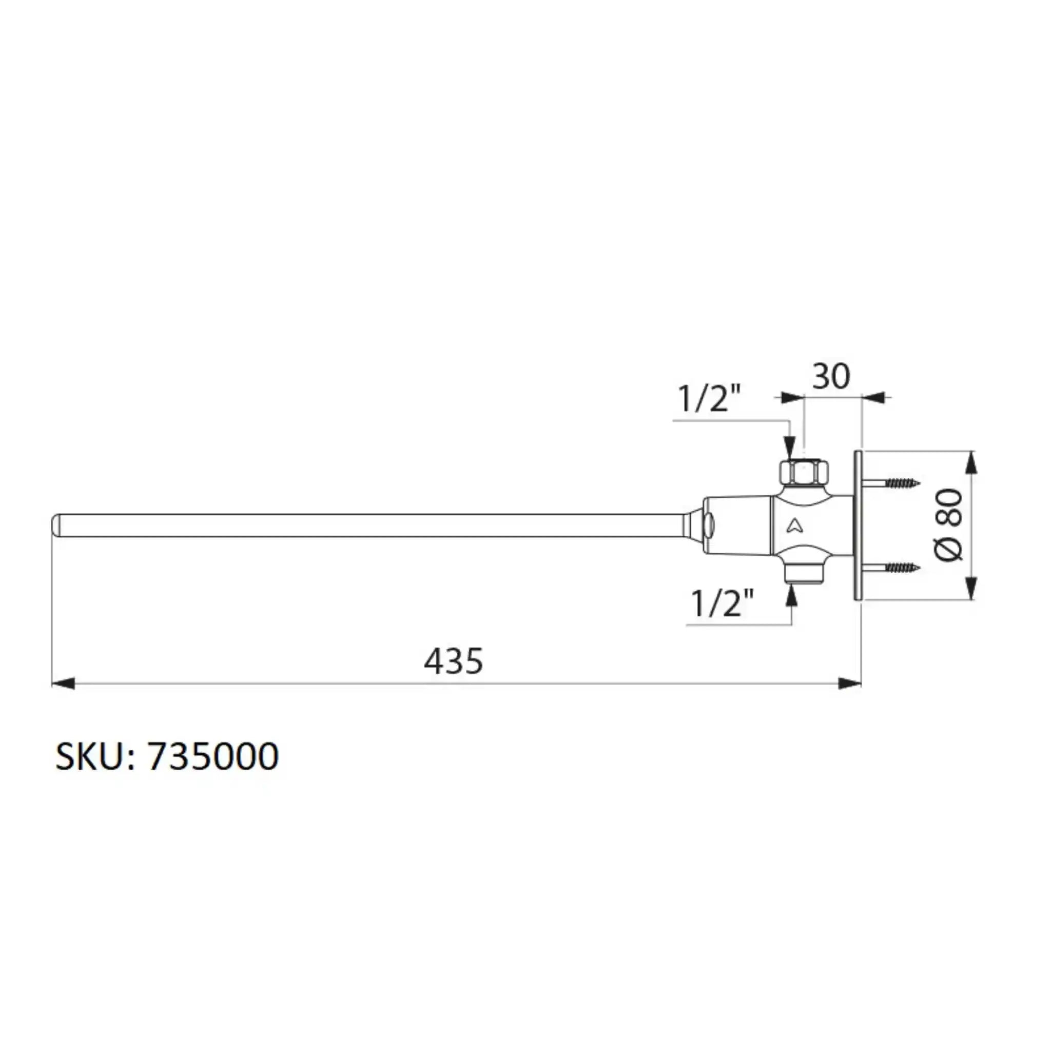 An image showing the technical drawings for the Delabie Tempogenou Knee Operated Basin Valve Straight Inline Inlet Stud Nut