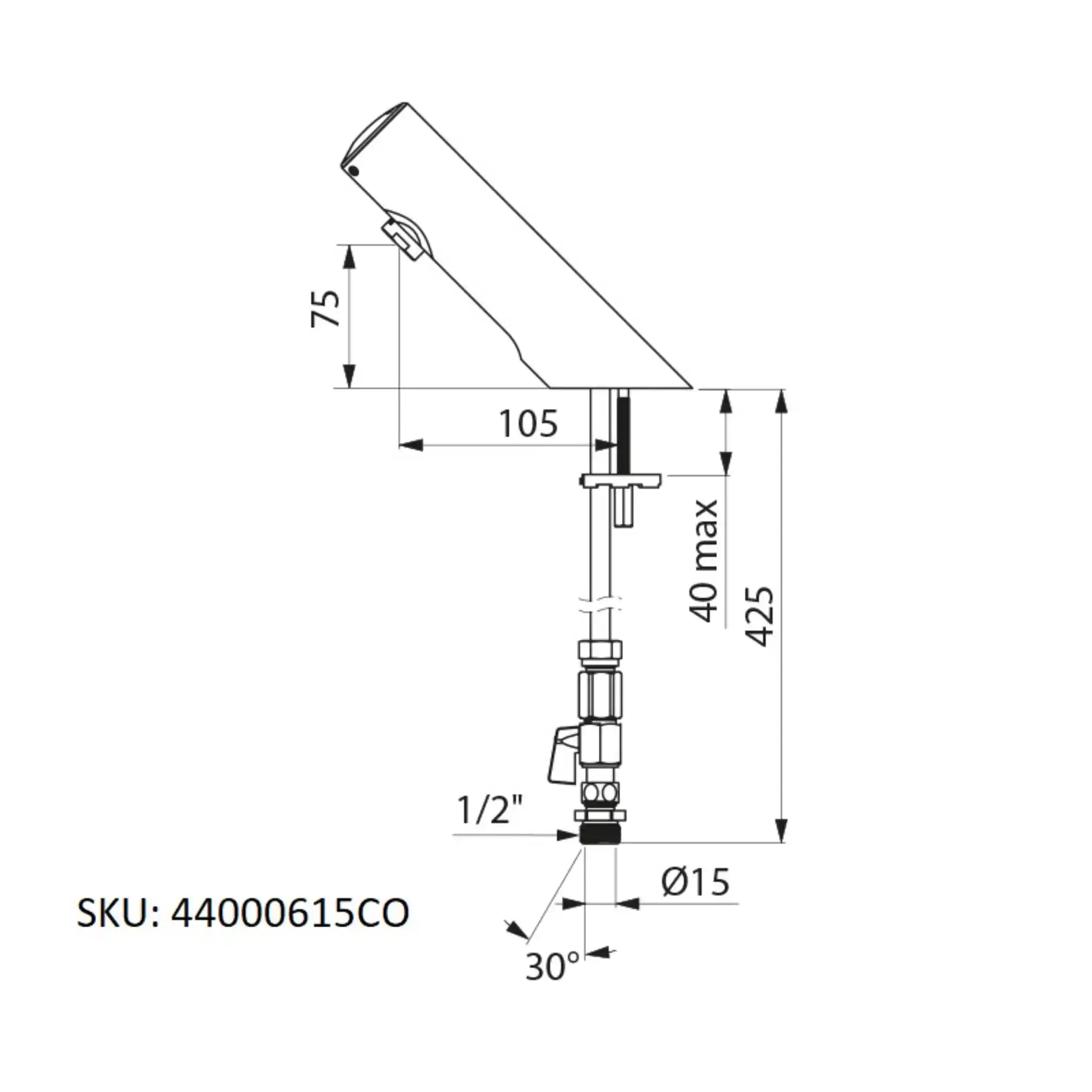 A image showing the technical drawings for the Delabie Tempomatic 4 Battery Copper Tails Deck Mounted Standard
