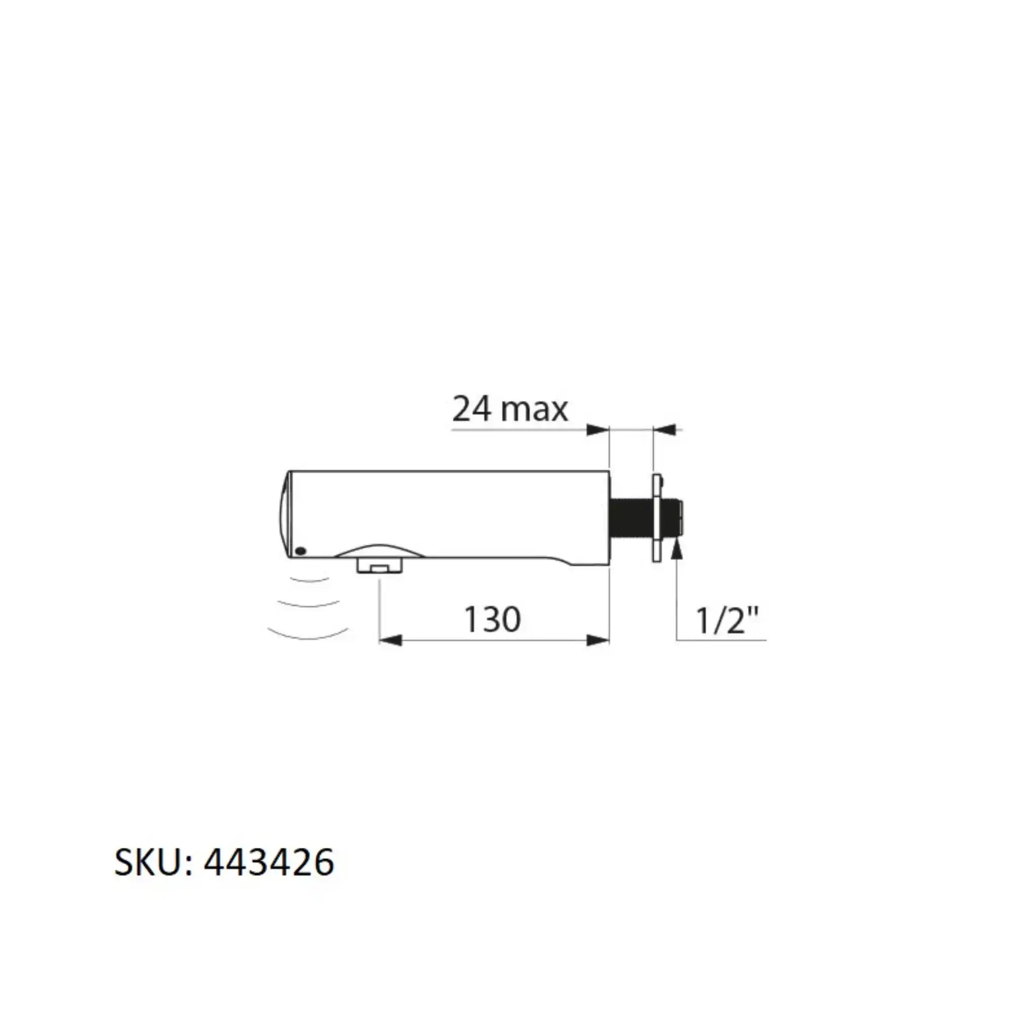 A image showing the technical drawings for the Delabie Tempomatic 4 Battery Panel Mounted 130mm