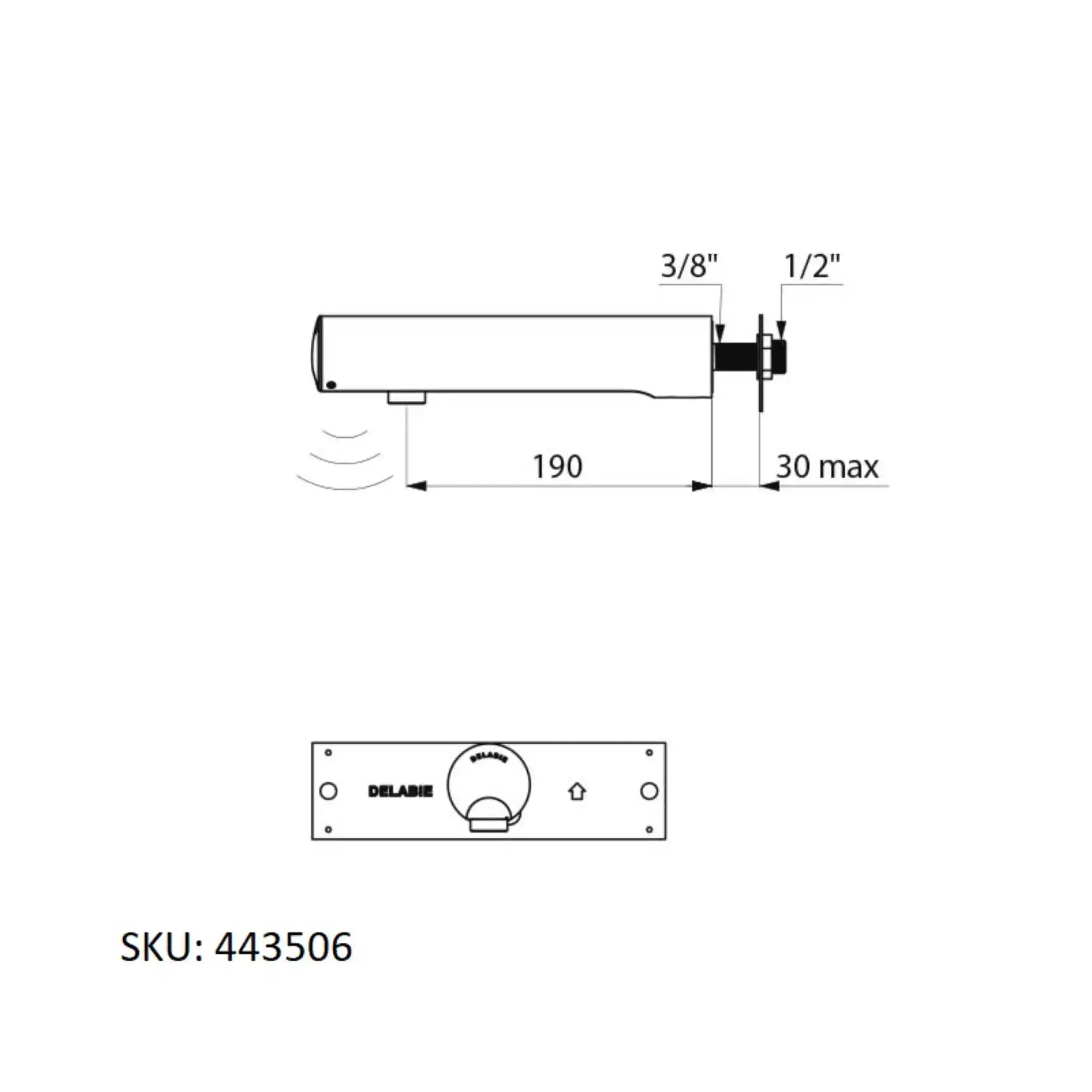 A image showing the technical drawings for the Delabie Tempomatic 4 Battery Wall Mounted 190mm