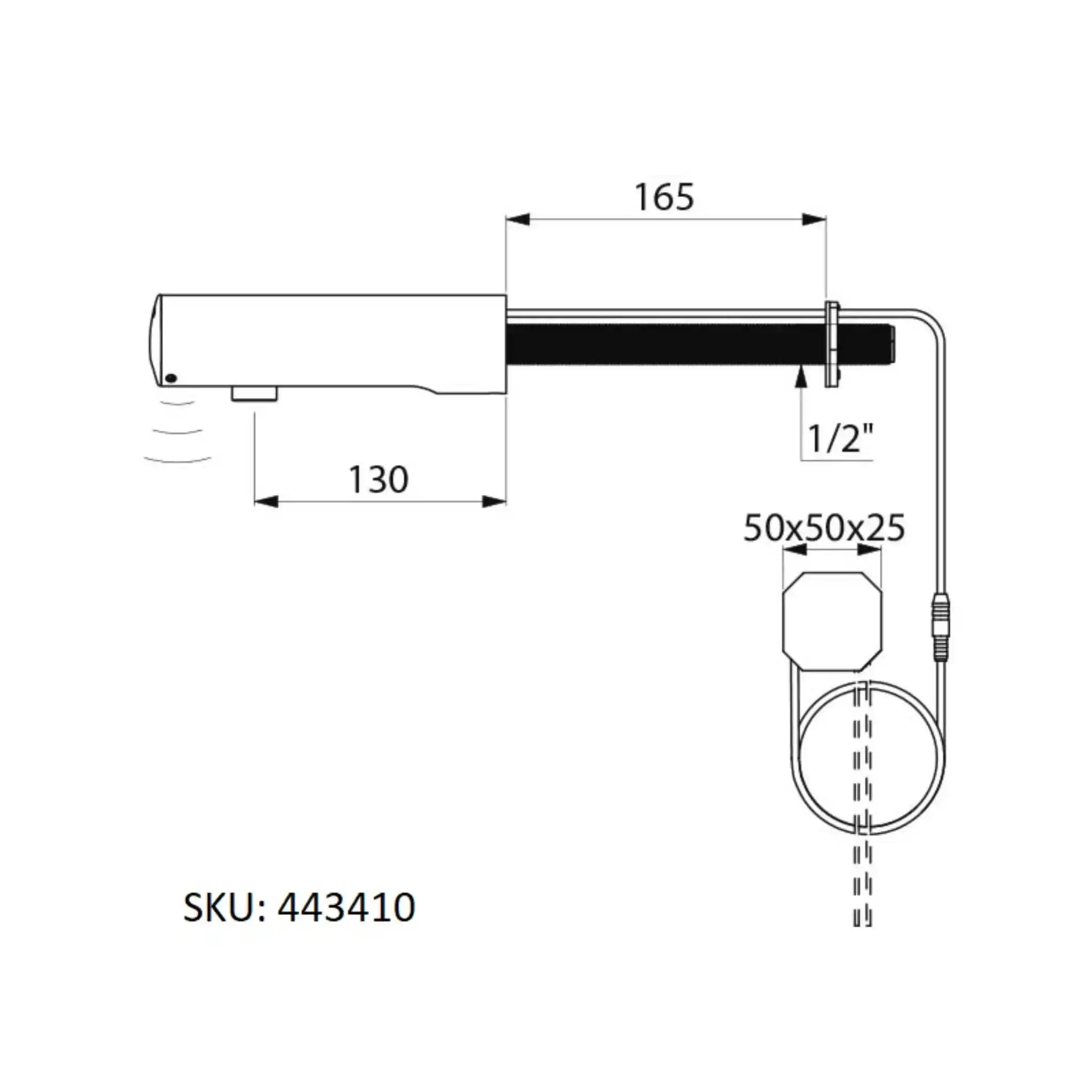 A image showing the technical drawings for the Delabie Tempomatic 4 Mains Cross Wall 130mm
