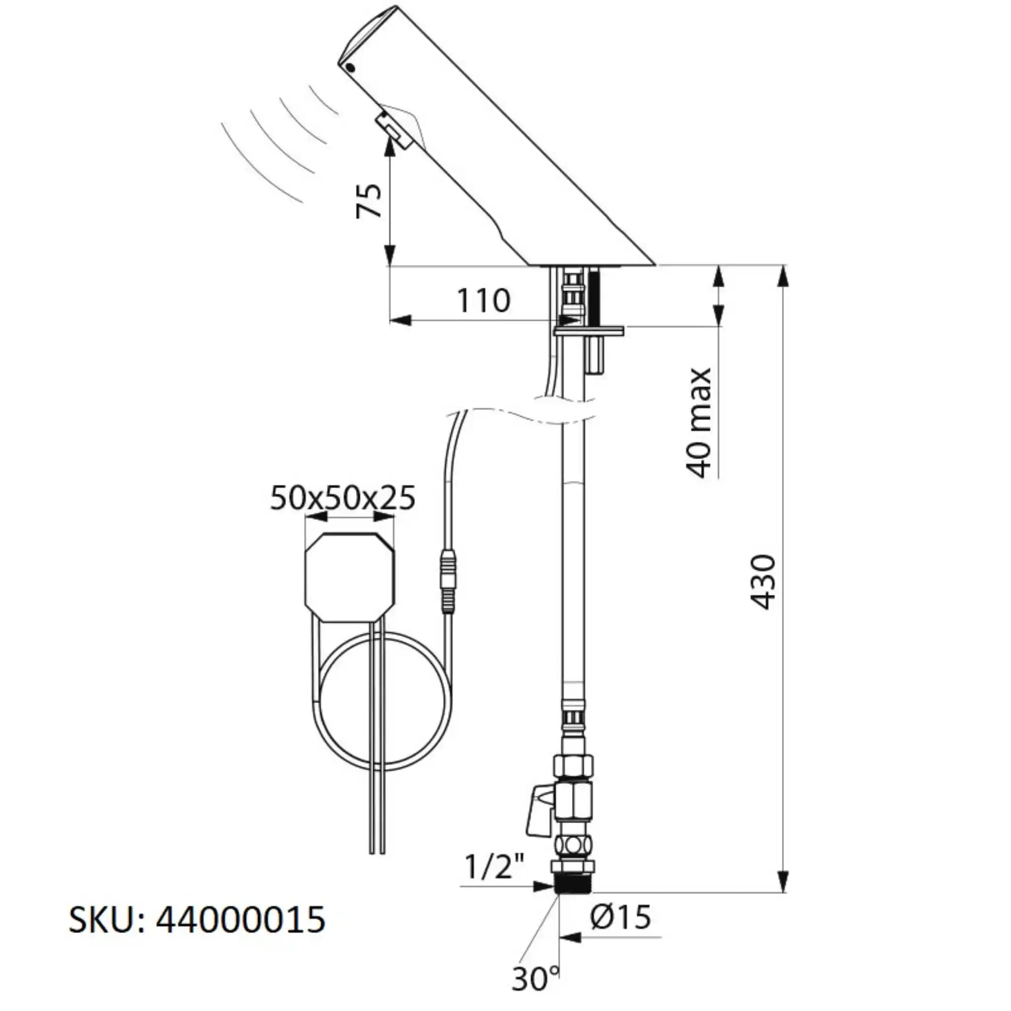 A image showing the technical drawings for the Delabie Tempomatic 4 Mains Deck Mounted Standard