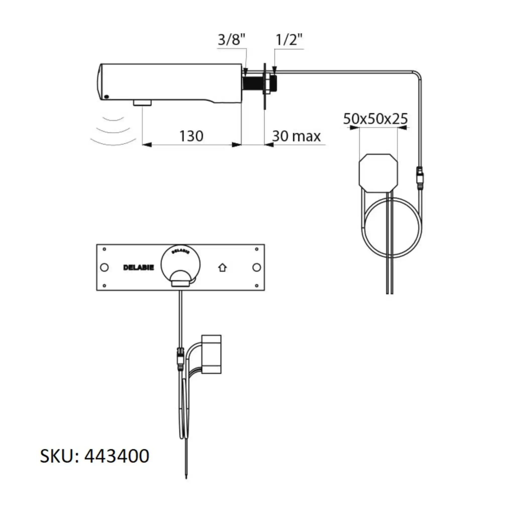 A image showing the technical drawings for the Delabie Tempomatic 4 Mains Wall Mounted 130mm