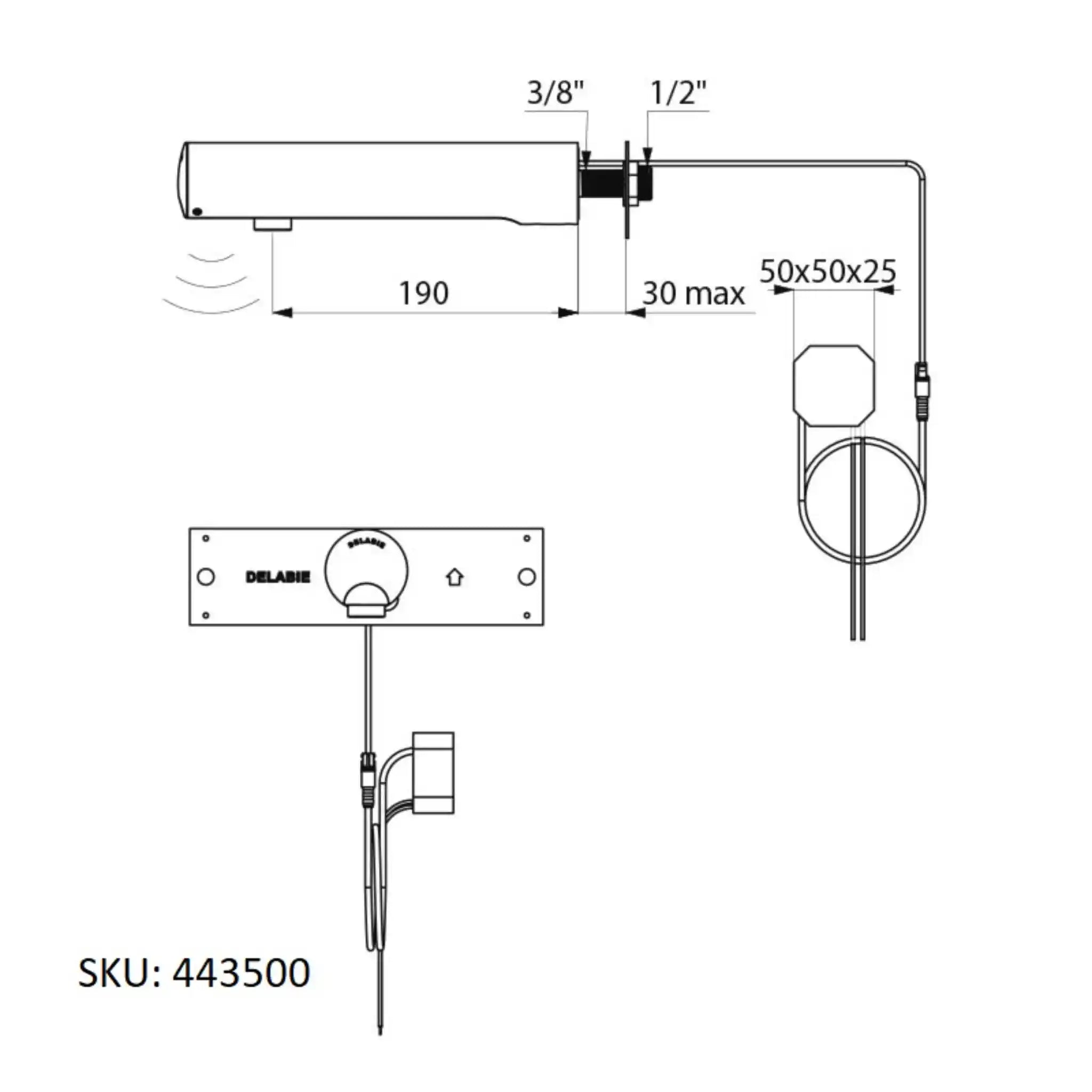 A image showing the technical drawings for the Delabie Tempomatic 4 Mains Wall Mounted 190mm