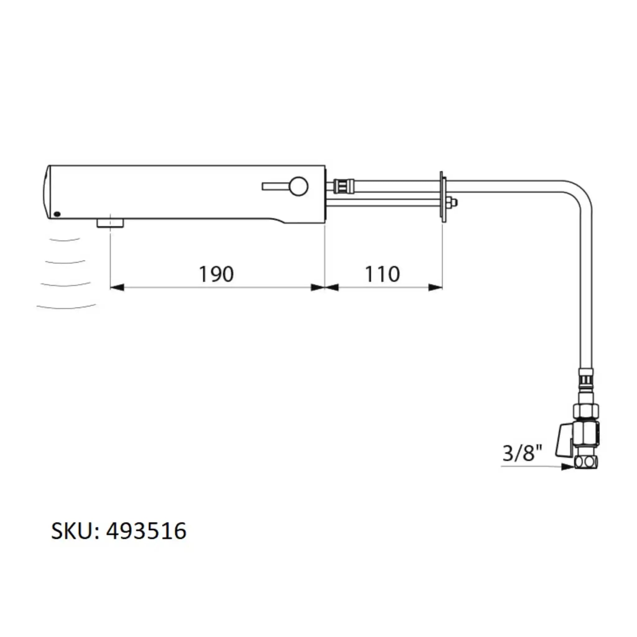 A image showing the technical drawings for the Delabie Tempomatic Mix 4 Battery Cross Wall 190mm