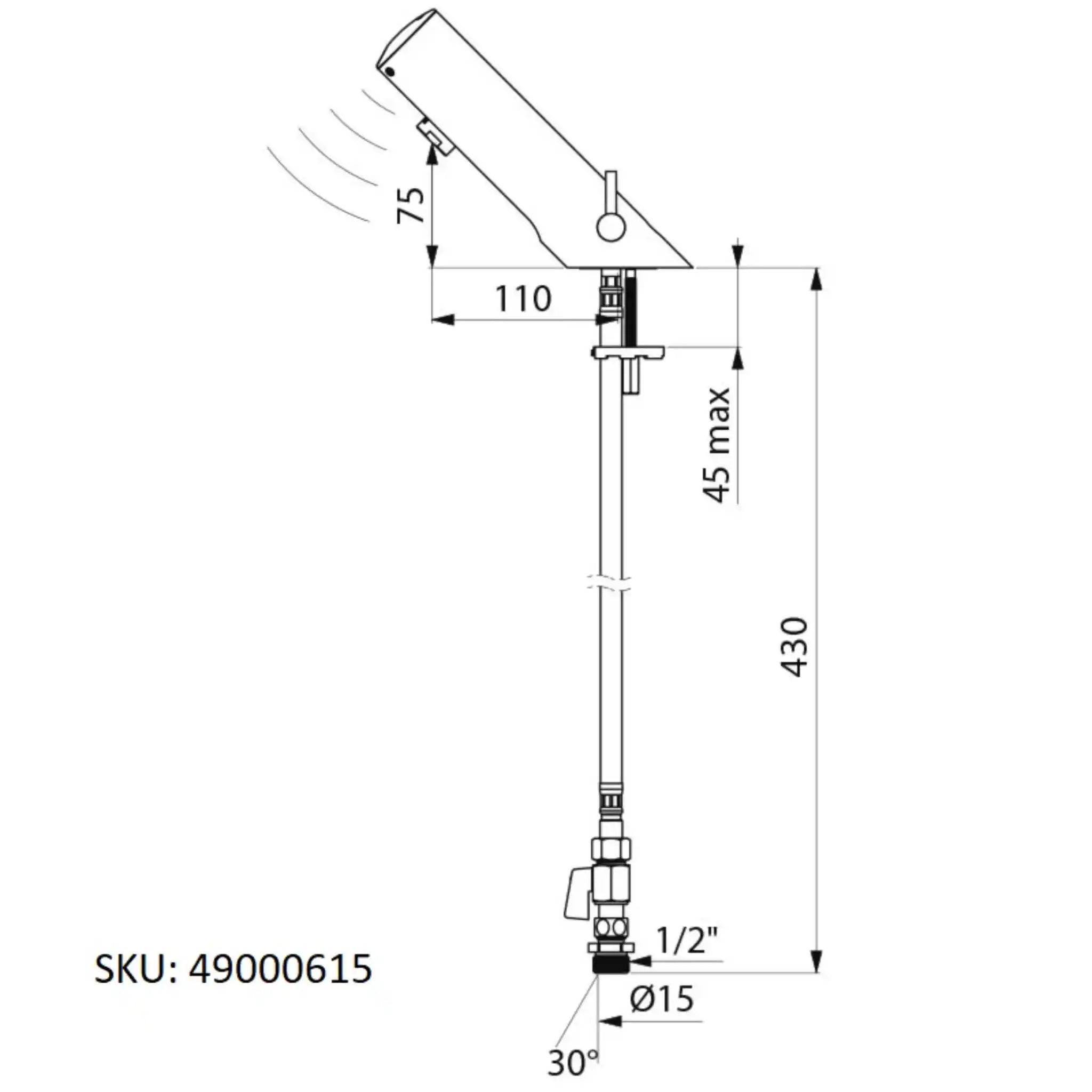A image showing the technical drawings for the Delabie Tempomatic Mix 4 Battery Deck Mounted Standard